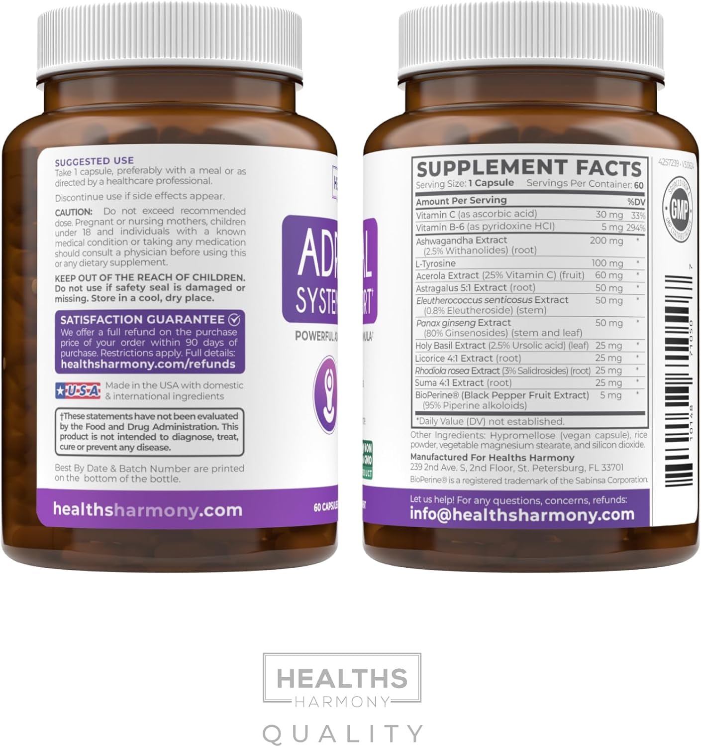 Adrenal System Support & Cortisol Manager (2 Month Supply) Powerful Ashwagandha & L-Tyrosine Fatigue Supplement - Maintain Balanced Cortisol Levels, Health, & Stress Relief - Non-GMO - 60 Capsules Healths Harmony uk supplements