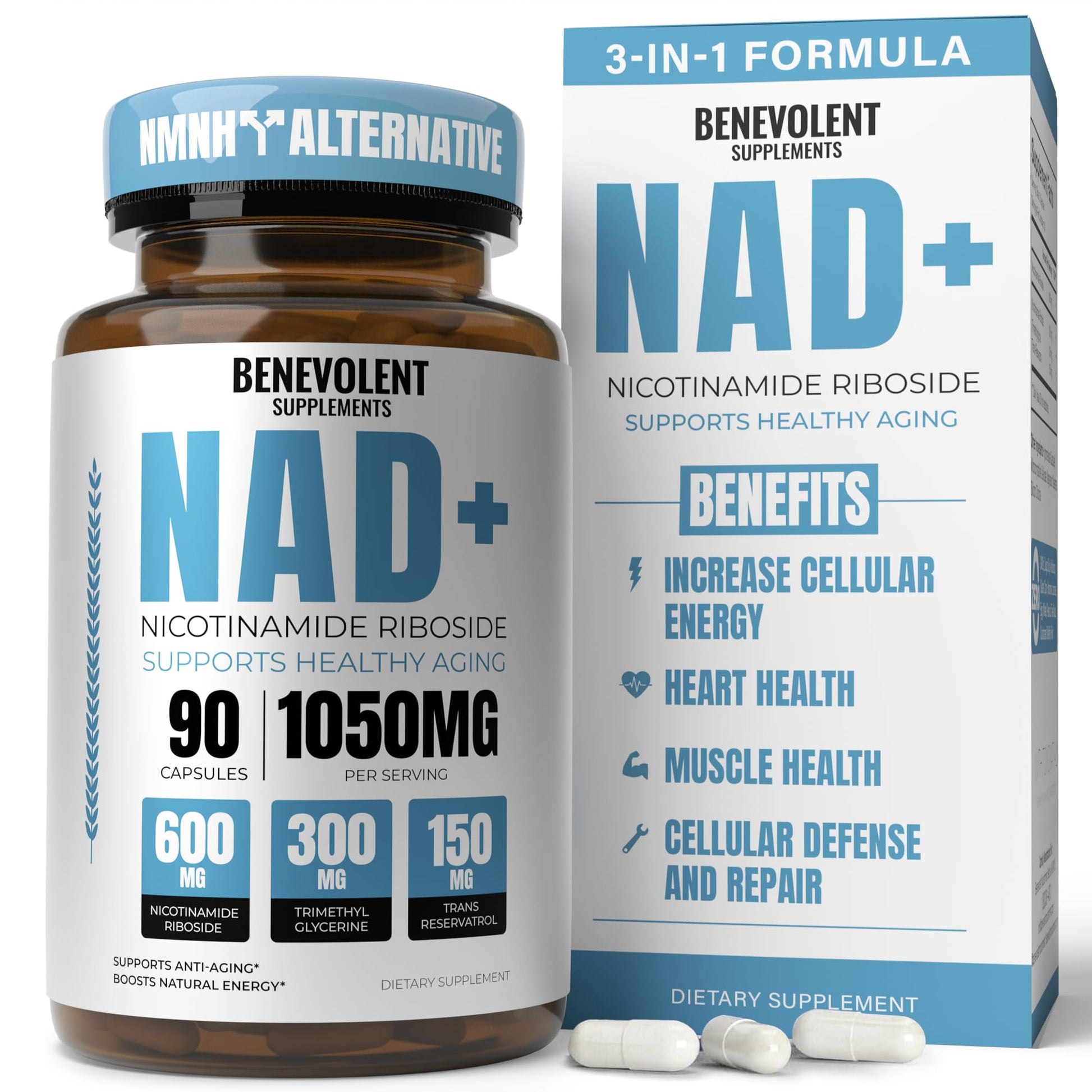 Benevolent NAD+ Supplement 1050mg, Max Absorption 3in1 NAD Supplements for Women & Men with Nicotinamide Riboside, Trans-Resveratrol & TMG, NAD Plus for Cellular Energy, Brain Support & Aging, 90 Caps Benevolent Nourishment uk supplements