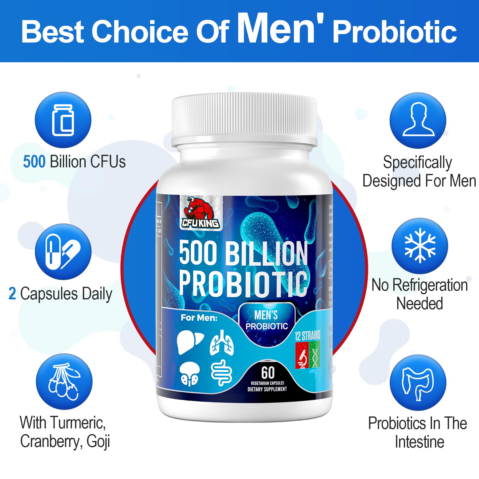 Probiotics for Men, 500 Billion CFU & 12 Mens Probiotic for Digestive Health + 4 Organic Prebiotic Fiber, for Digestive, Gut, Immune Health, Bloating, Gas, Energy Support, Shelf Stable - 120 Capsules CFUKING uk supplements