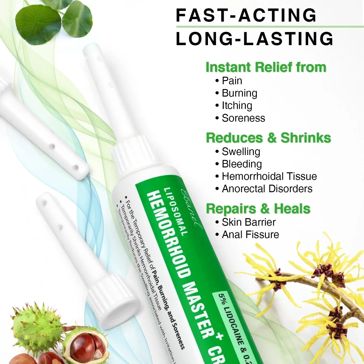 Ebanel 5% Lidocaine Hemorrhoid Treatment Cream with Witch Hazel, Phenylephrine, Horse Chestnut, Vitamin B6, Zinc Oxide, External and Internal Hemorrhoids Treatment Burn Itch Pain Relief Anal Cream Ebanel uk supplements
