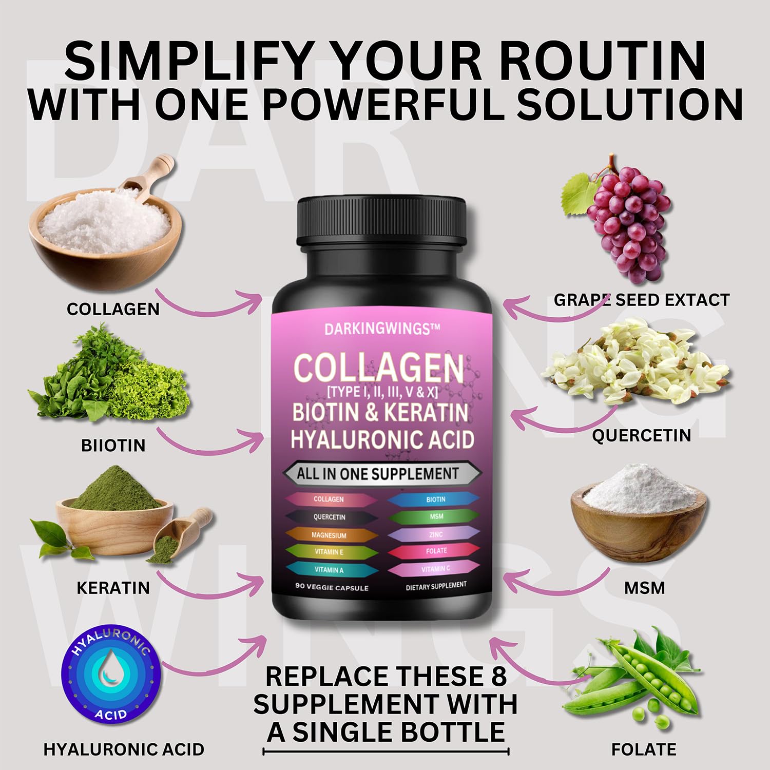 Multi Collagen Pills Peptides Types I, II, III, V & X MCG Biotin Keratin Hyaluronic Acid MSM Vitamin C Zinc Magnesium with Grape Seed Extract, Quercetin - Hair Skin and Nails Vitamins Capsule Darkingwings uk supplements
