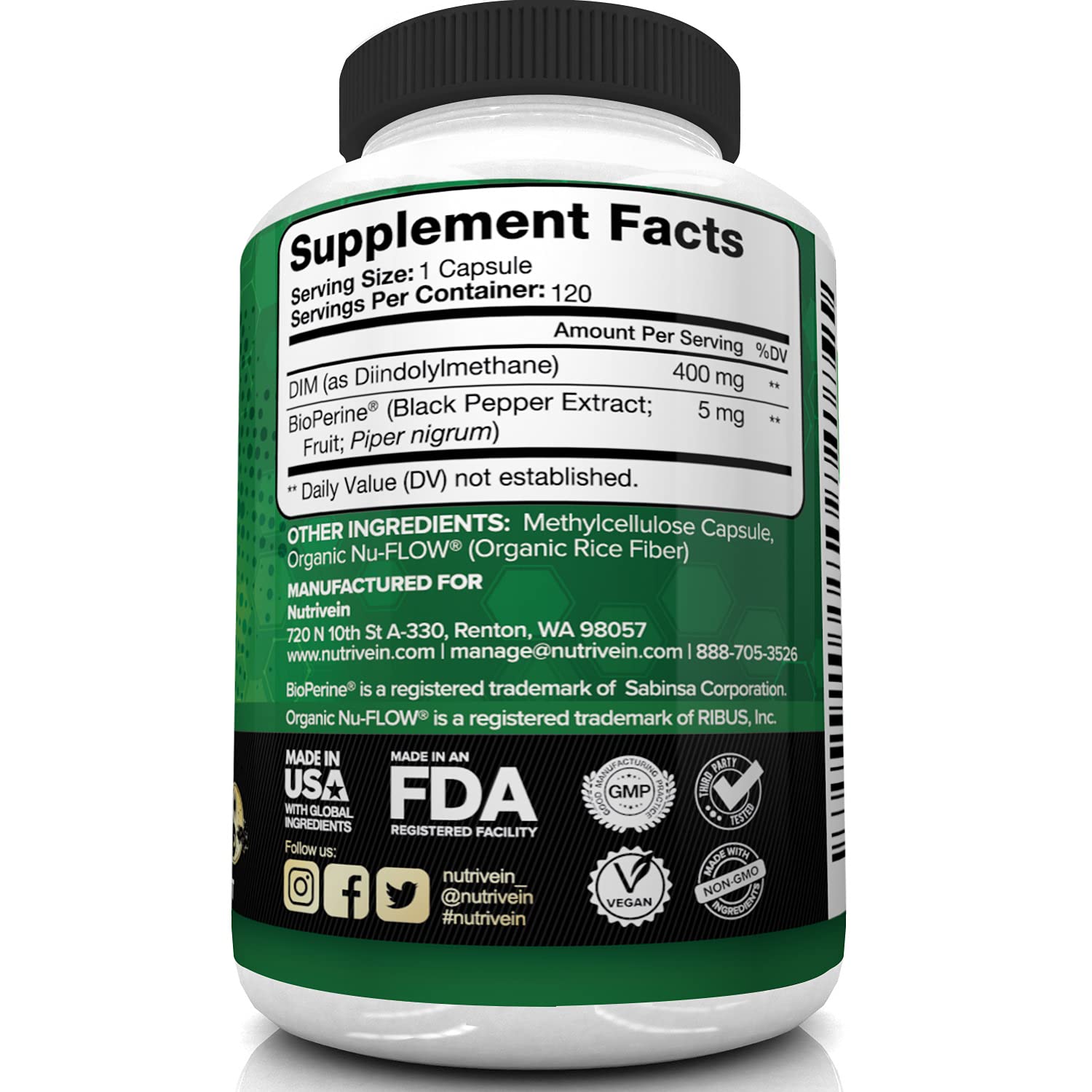 Nutrivein DIM Supplement 400mg Diindolylmethane Plus Bioperine - Maintain Hormone Nutrivein uk supplements