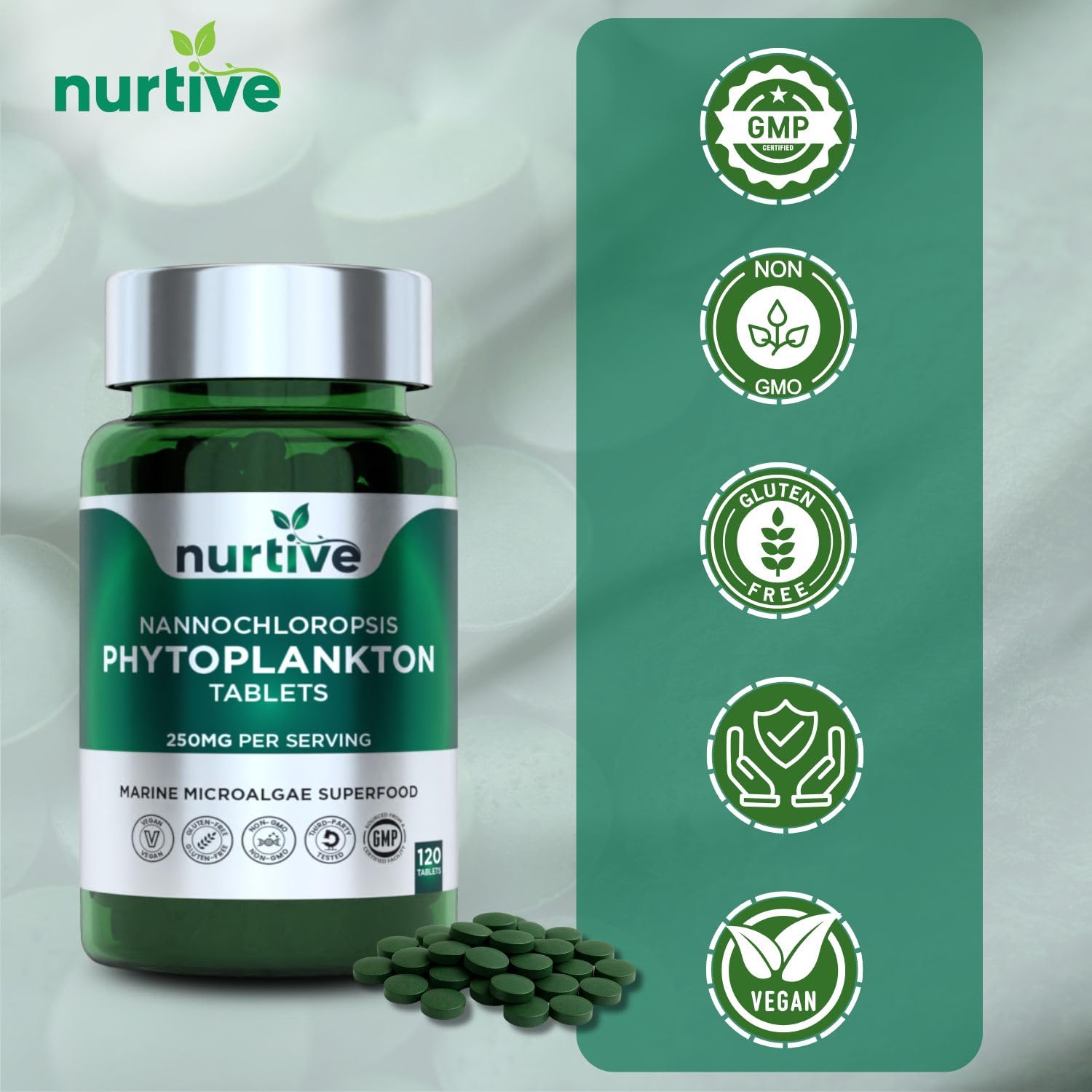 NURTIVE Nannochloropsis Phytoplankton Tablets – 250mg per Serving – Vegan, Gluten-Free, Non-GMO, No Fillers – Third-Party Tested, GMP Certified – 2 Tablets/Day for 2 Month, 120 Tablets/Bottle NURTIVE uk supplements
