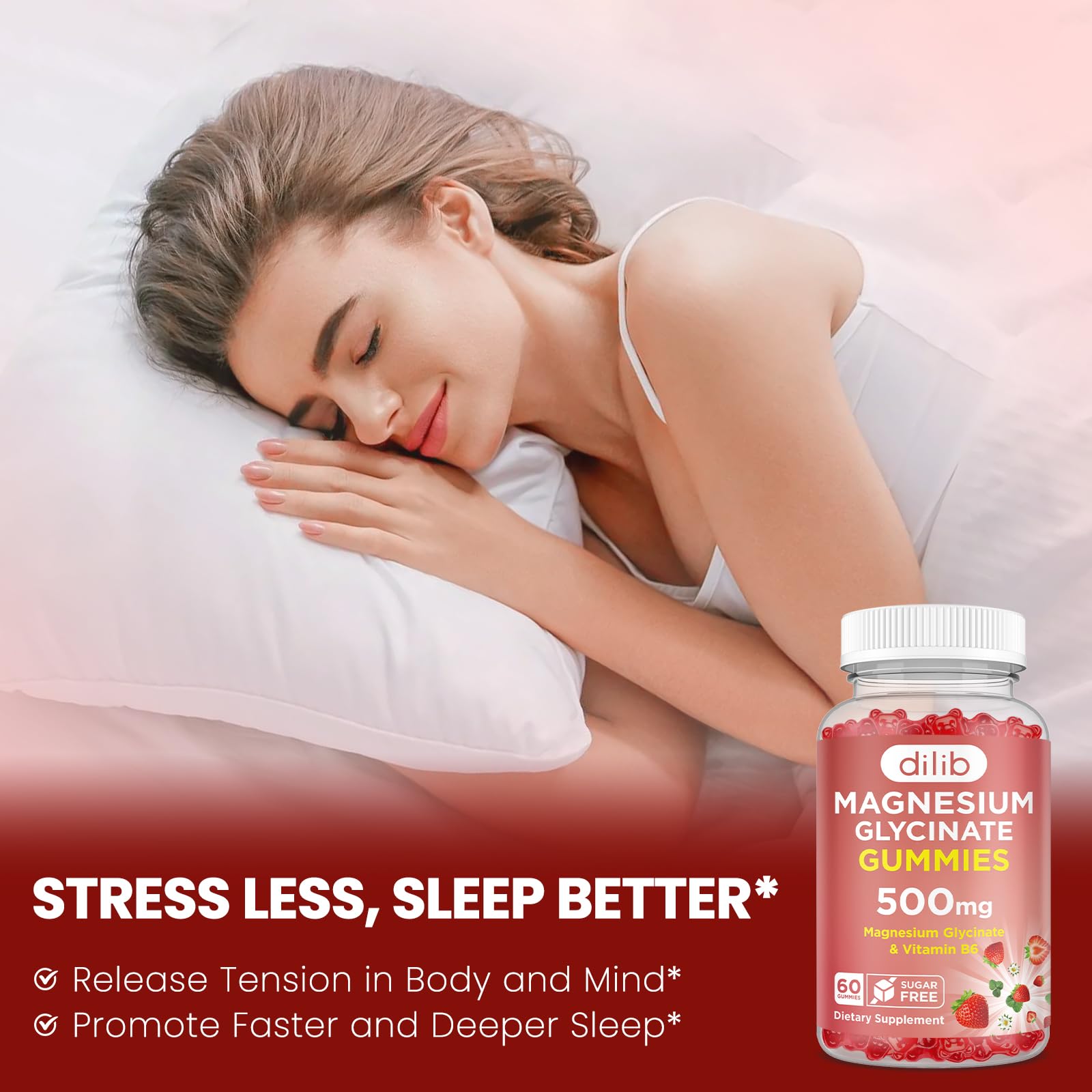 Magnesium Glycinate Gummies 500mg - Magnesium Supplement with Vitamin B6 for Adults & Magnesium for Kids - Calm Magnesium for Sleep, Mood, Muscle Support - Strawberry Flavor, 60 Gummies dilib uk supplements