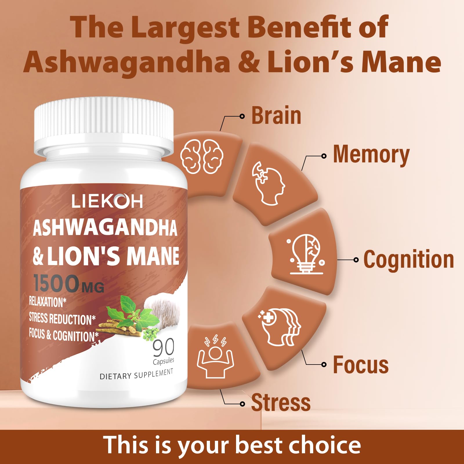 Liekoh Ashwagandha & Lions Mane Supplement Capsules, Brain Supplements for Memory and Focus, Ashwagandha Supplement with Rhodiola & Black Peppe, Cortisol Supplements for Women & Men,90 Caps Liekoh uk supplements