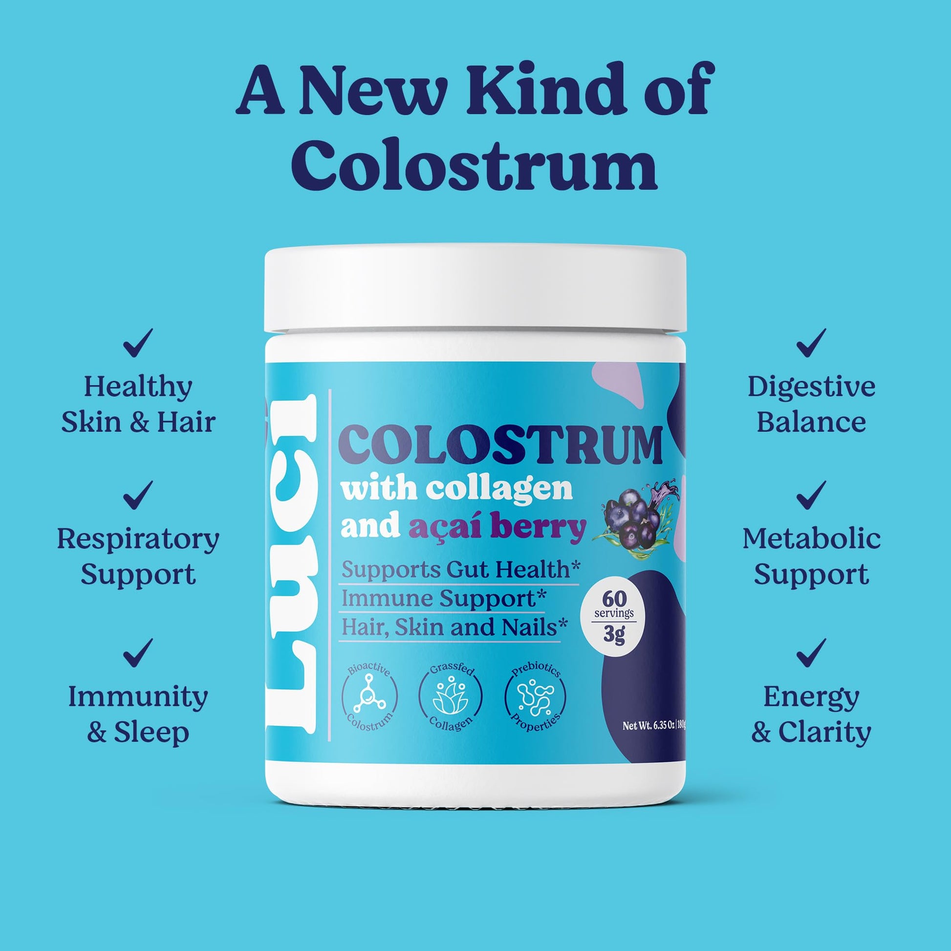 Luci Colostrum Powder 60 Servings, 3 in 1 with Collagen Peptides and Acai, Bovine Colostrum for Gut Health, Bloating, Collagen Protein for Muscle, Skin, Hair, Nails and Immunity, Gluten & Fat Free Luci Nutrition uk supplements