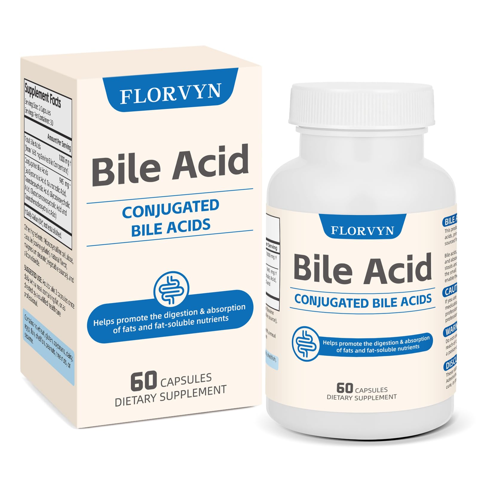 Florvyn Conjugated Bile Acid Supplement 1000mg – Supports Fat Digestion & Absorption of Fats & Fat-Soluble Nutrients, Gut Comfort & Nutrient Utilization, 60 Capsules, 30 Day Supply Florvyn uk supplements