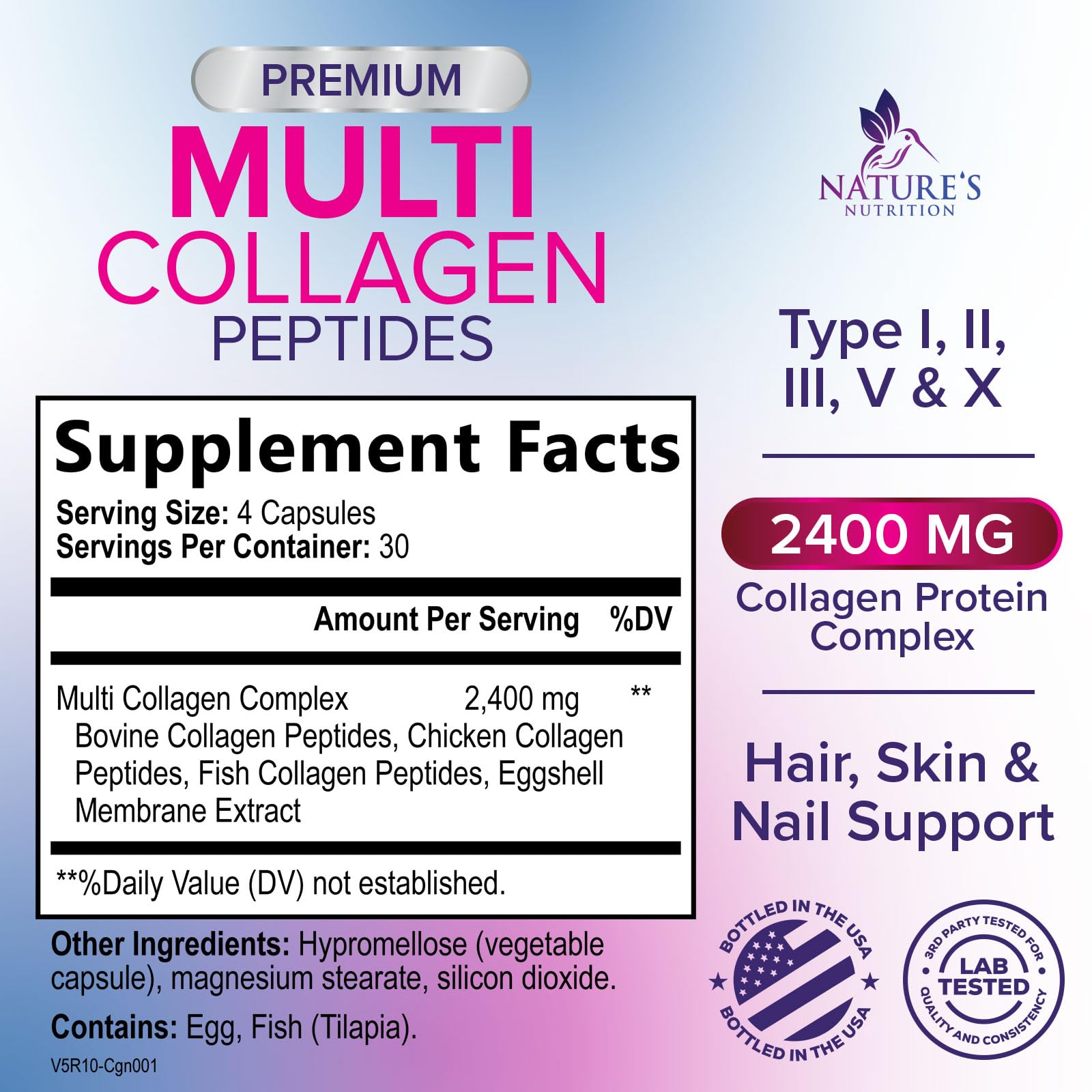 Multi Collagen Pills 2400 mg - Advanced Types I, II, III, V, X - Hydrolyzed Multi Collagen Peptides Pills, Collagen Supplements for Women & Men - Hair, Skin, & Nail Support Supplement - 120 Capsules Nature's Nutrition uk supplements