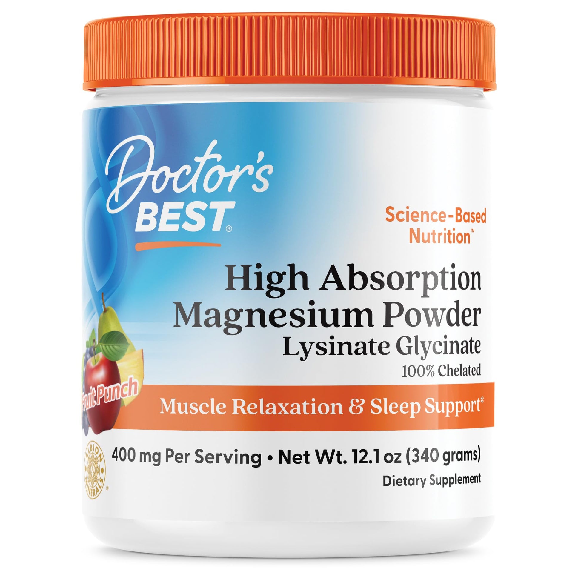Doctors Best High Absorption Magnesium Powder Lysinate Glycinate 100% Chelated, Muscle Relaxation & Sleep Support, Gluten Free, Vegan, 100% Chelated Net Wt. 12.1 oz (340 Grams), Fruit Punch Flavor Doctor's BEST uk supplements