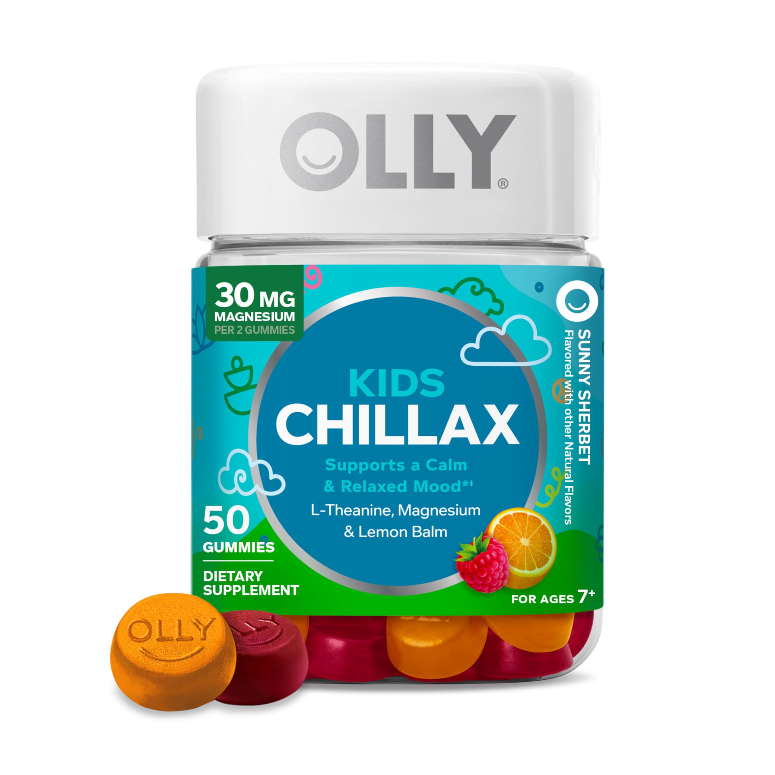 OLLY Kids Chillax Gummy, For a Calm and Relaxed Mood*, Magnesium, L-Theanine, Lemon Balm Extract, Chewable Supplement, Sherbet Flavored, 25 Day Supply - 50 Count OLLY uk supplements