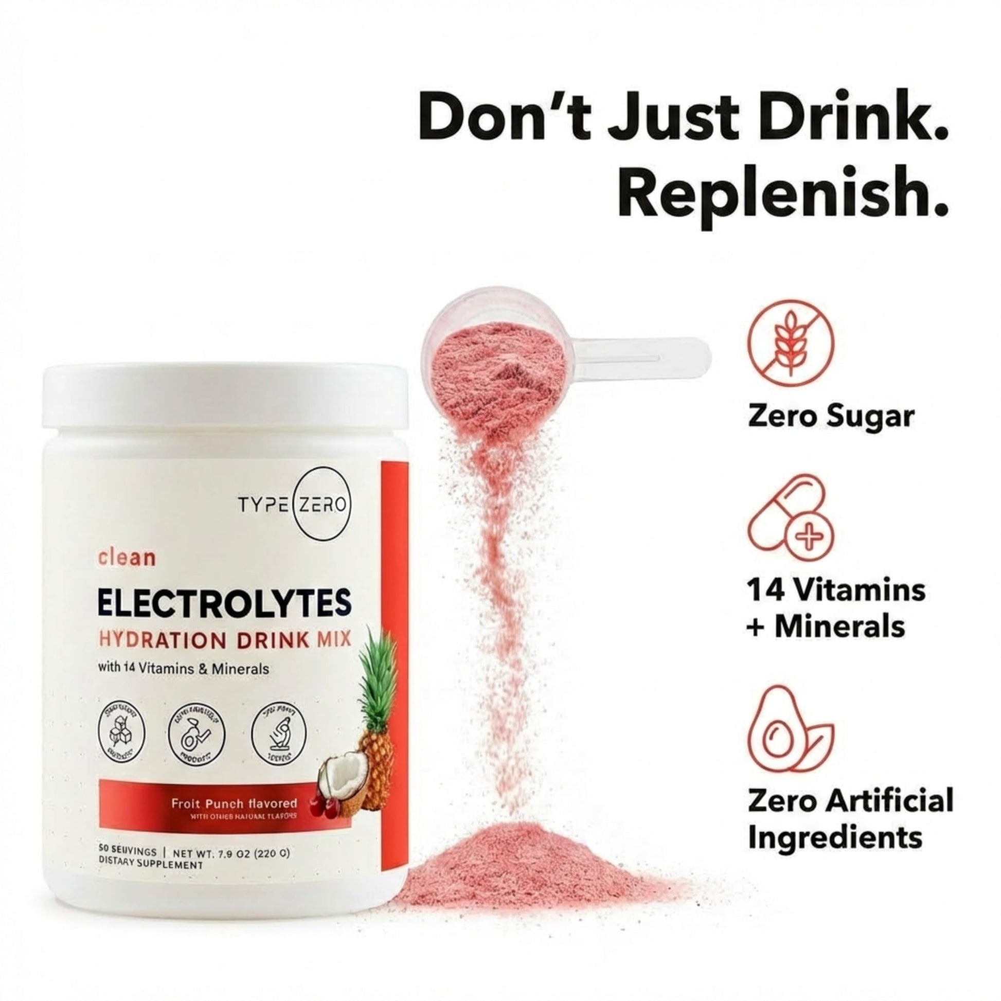 Type Zero Clean Electrolytes Hydration Powder Drink Mix + 14 Essential Vitamins & Minerals - Sugar Free, Zero Artificial Ingredients - Fruit Punch, 50 Servings Type Zero uk supplements