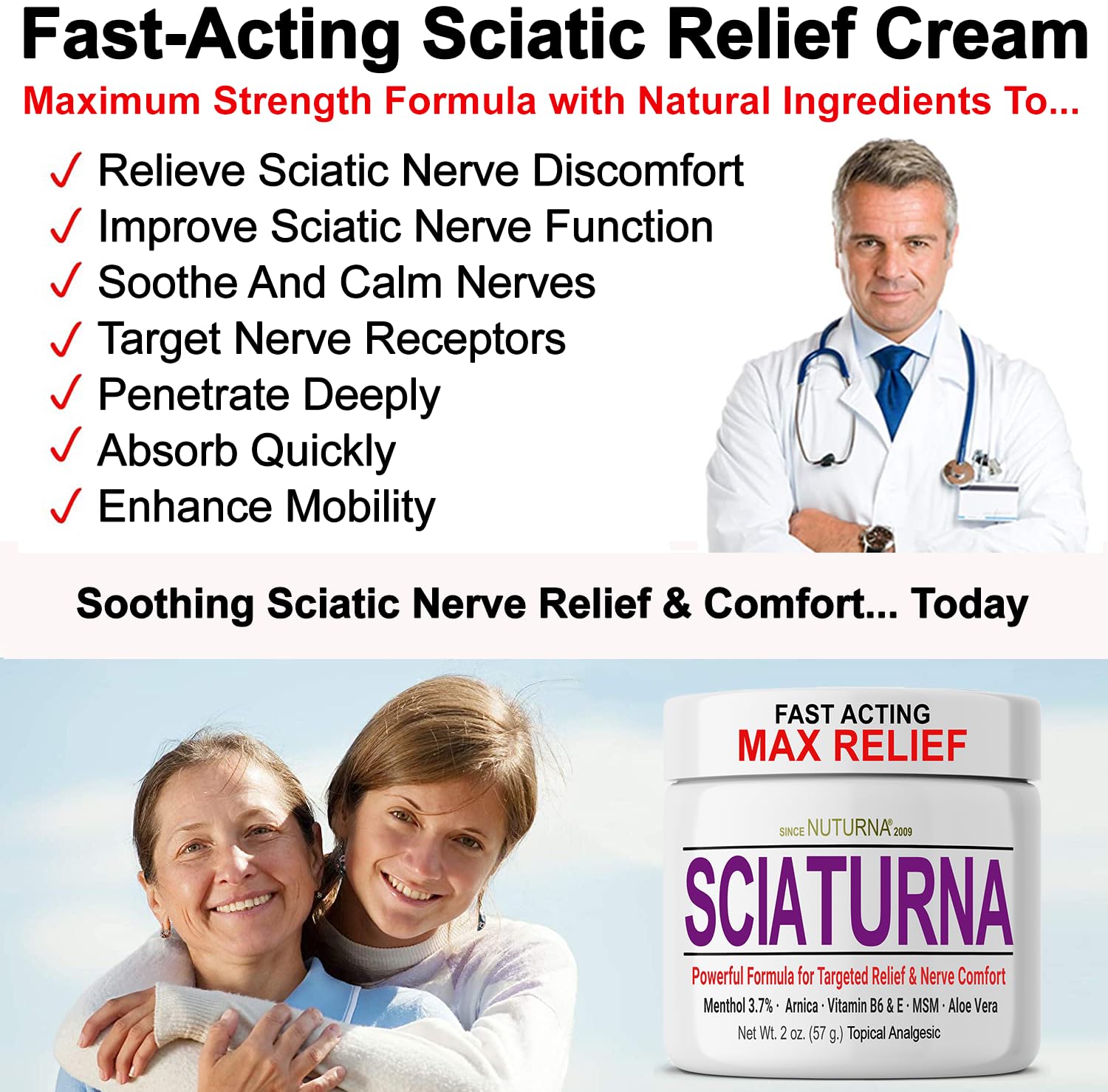 Sciatica Nerve Cream - Maximum Strength Comfort Cream for Feet, Hands, Legs, Toes, Back - Natural Ultra Strength Arnica, MSM, Menthol, Soothing Comfort, Large 4 Oz Nuturna uk supplements