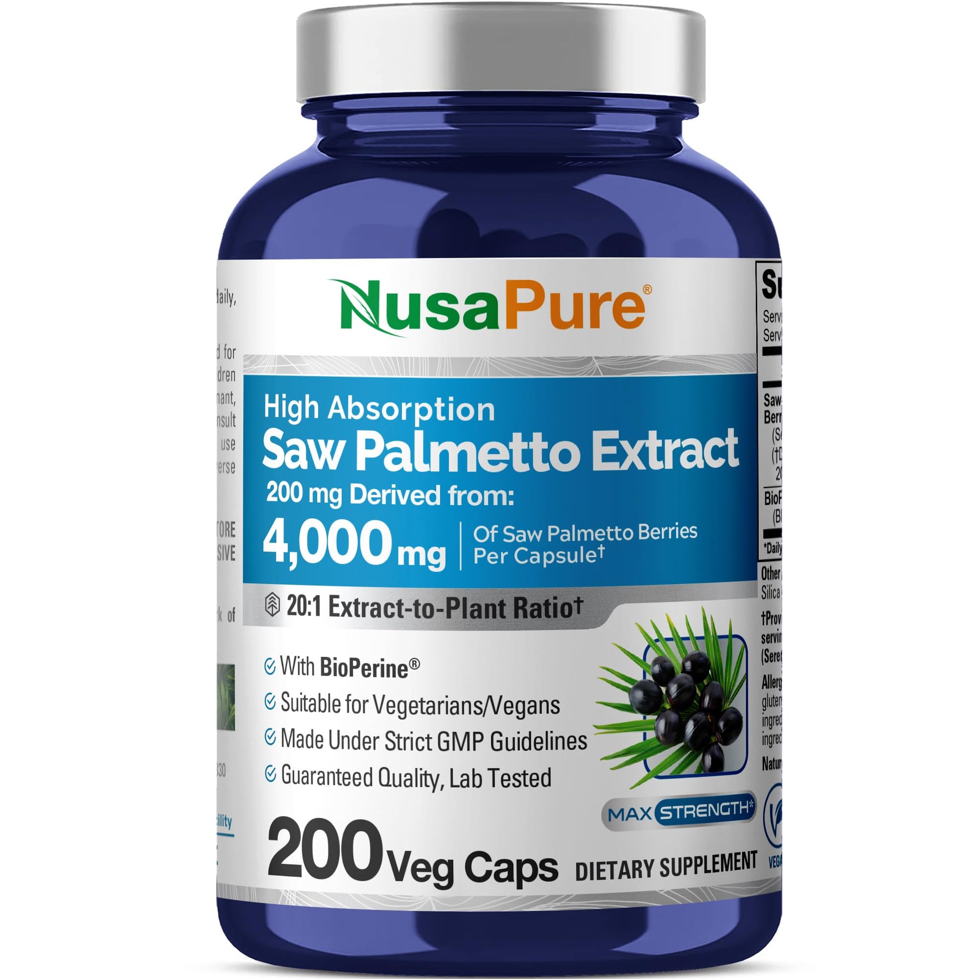 NusaPure Saw Palmetto 20:1 Extract, 200 mg Equivalent to 4,000 mg per Veggie Caps 200 Count Non-GMO, Vegan, Vegetarian, Bioperine NusaPure uk supplements