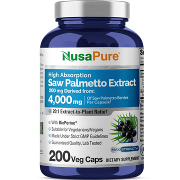NusaPure Saw Palmetto 20:1 Extract, 200 mg Equivalent to 4,000 mg per Veggie Caps 200 Count Non-GMO, Vegan, Vegetarian, Bioperine NusaPure uk supplements