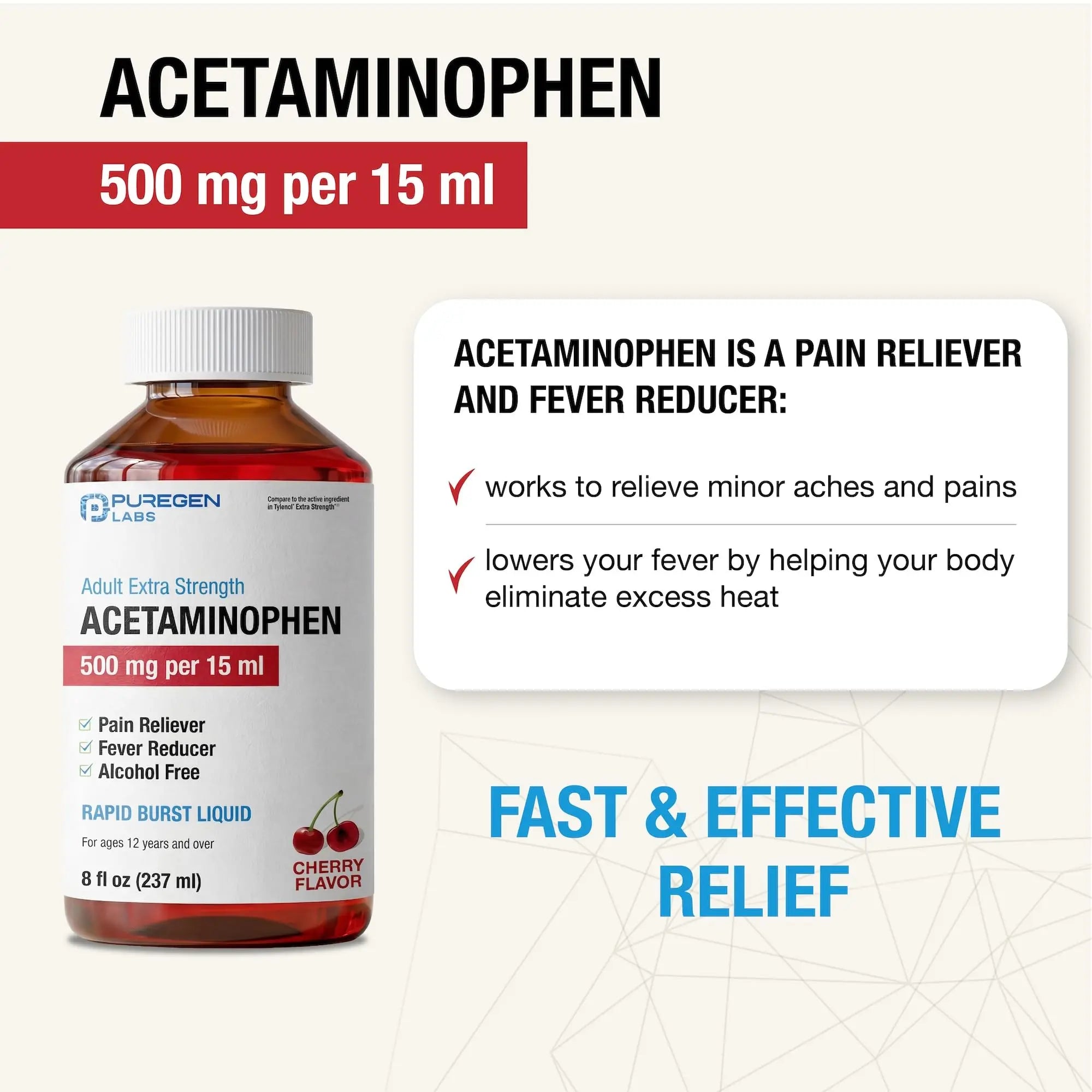 Puregen Labs Adult Extra Strength Acetaminophen Liquid 500mg/15ml - 8 fl oz Rapid Burst Pain Reliever/Fever Reducer, Cherry Flavor | Muscle & Joint Pain Relief | Arthritis Pain Relief P Puregen Labs uk supplements