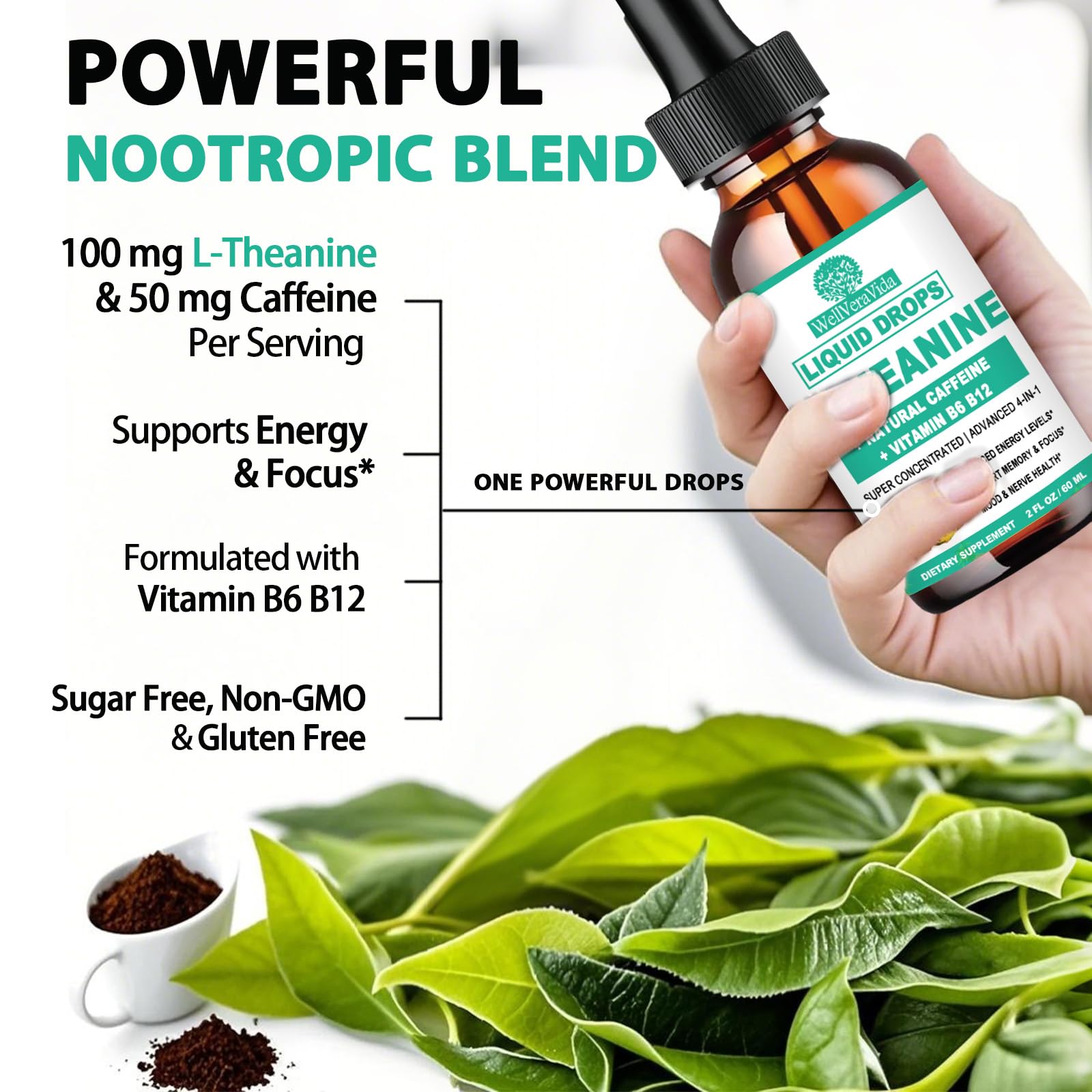 L Theanine Caffeine Liquid Drops, High Potency L-Theanine 100mg w. Caffeine Vitamin B12 B6, Natural Nootropic Brain for Smooth Energy Focus Alertness, 6X Stronger Than Pills Powder Gum WellVeraVida uk supplements