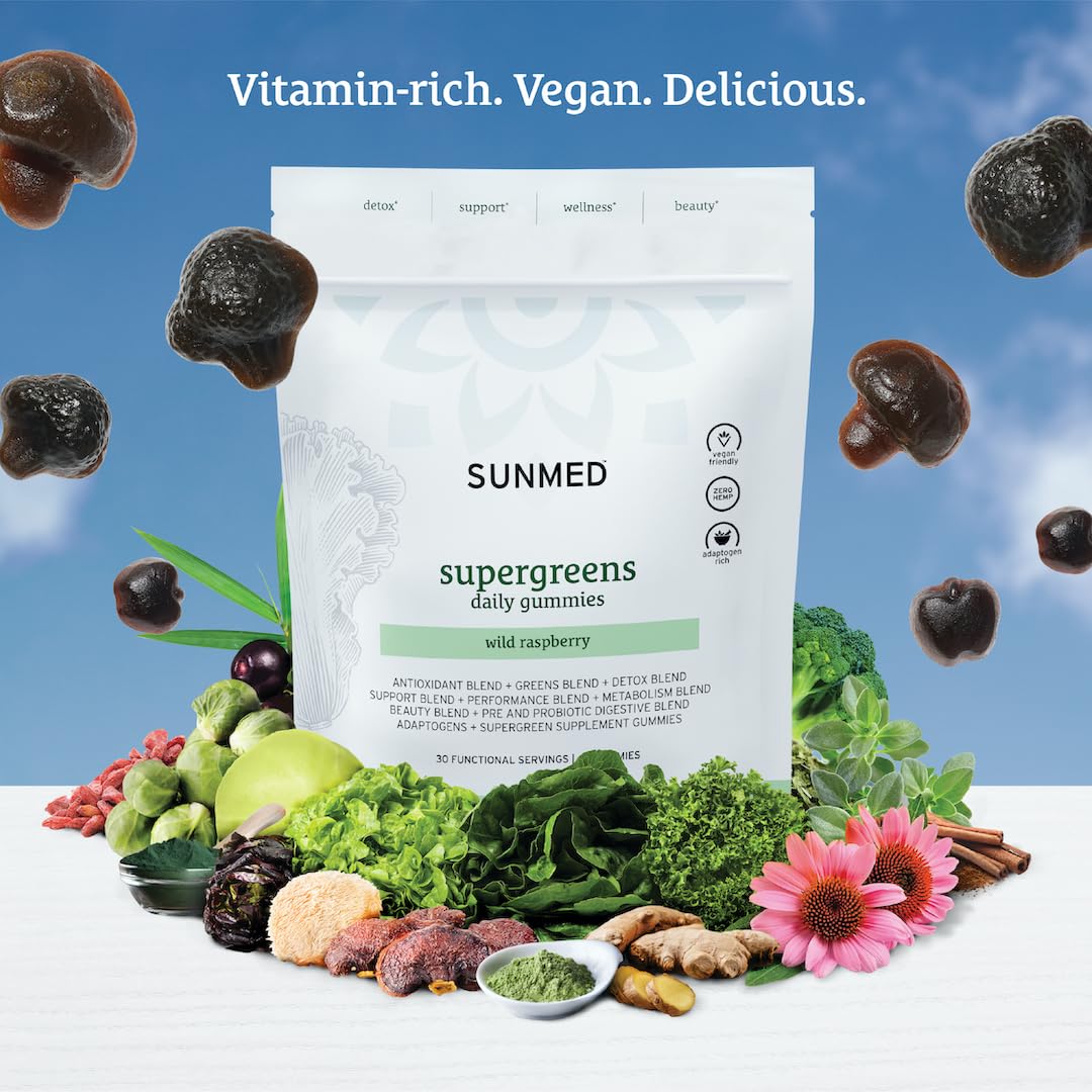 SUNMED Supergreens Daily Gummies – Wellness Blend with Ashwagandha, Green Tea, Spirulina, Probiotics, Antioxidants & Detox Support for Immunity, Gut, Skin & Brain Health | Wild Raspberry, 60ct SUNMED uk supplements