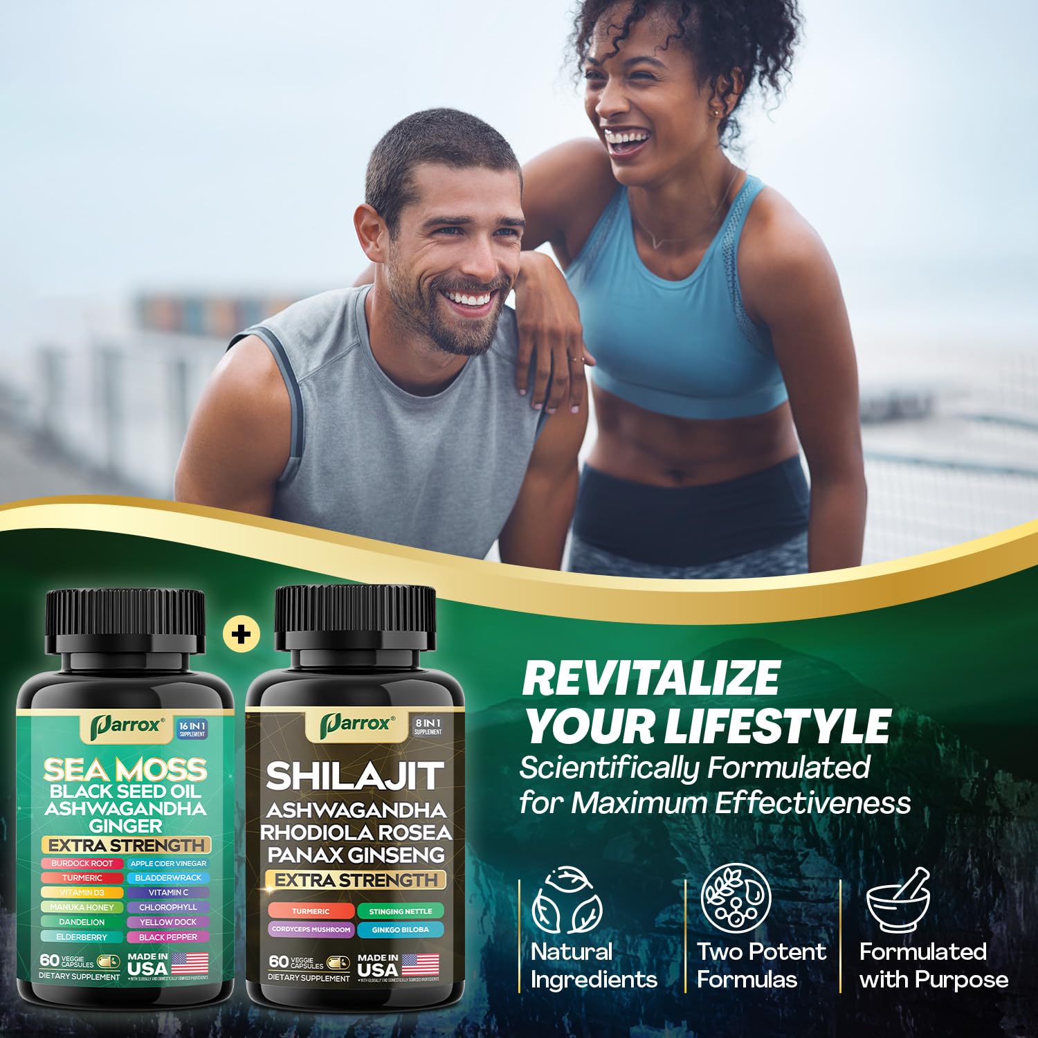 Parrox Shilajit and Sea Moss Bundle, Sea Moss 350mg, Black Seed Oil 200mg, Ashwagandha 100mg, Turmeric, Shilajit 300mg, Rhodiola Rosea 100mg, Panax Ginseng 50mg, Dynamic Vitality Bundle (2 Pack) Parrox uk supplements