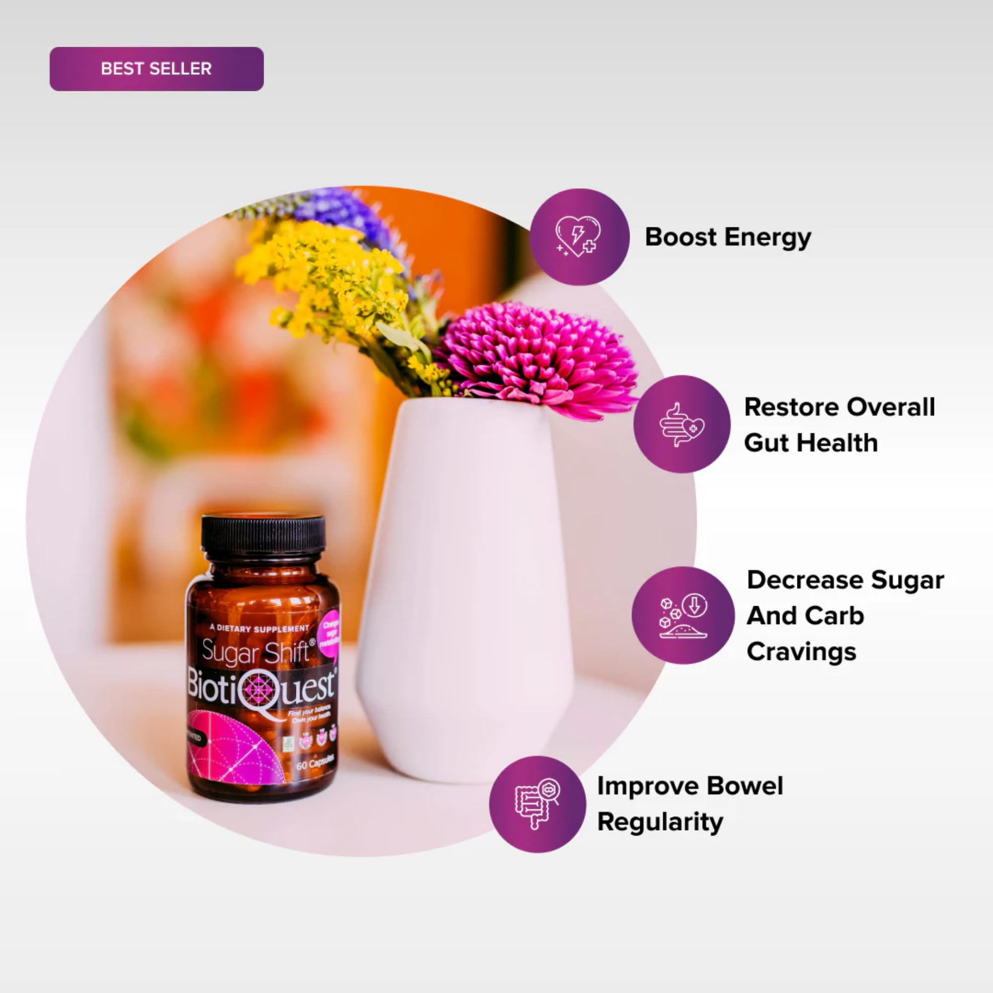 BiotiQuest Sugar Shift Probiotic | Helps Decrease Sugar & Carb Cravings and Supports Digestive Balance | 22 Billion CFU | Non-GMO, Gluten-Free, & Vegan | 60 Servings BiotiQuest uk supplements
