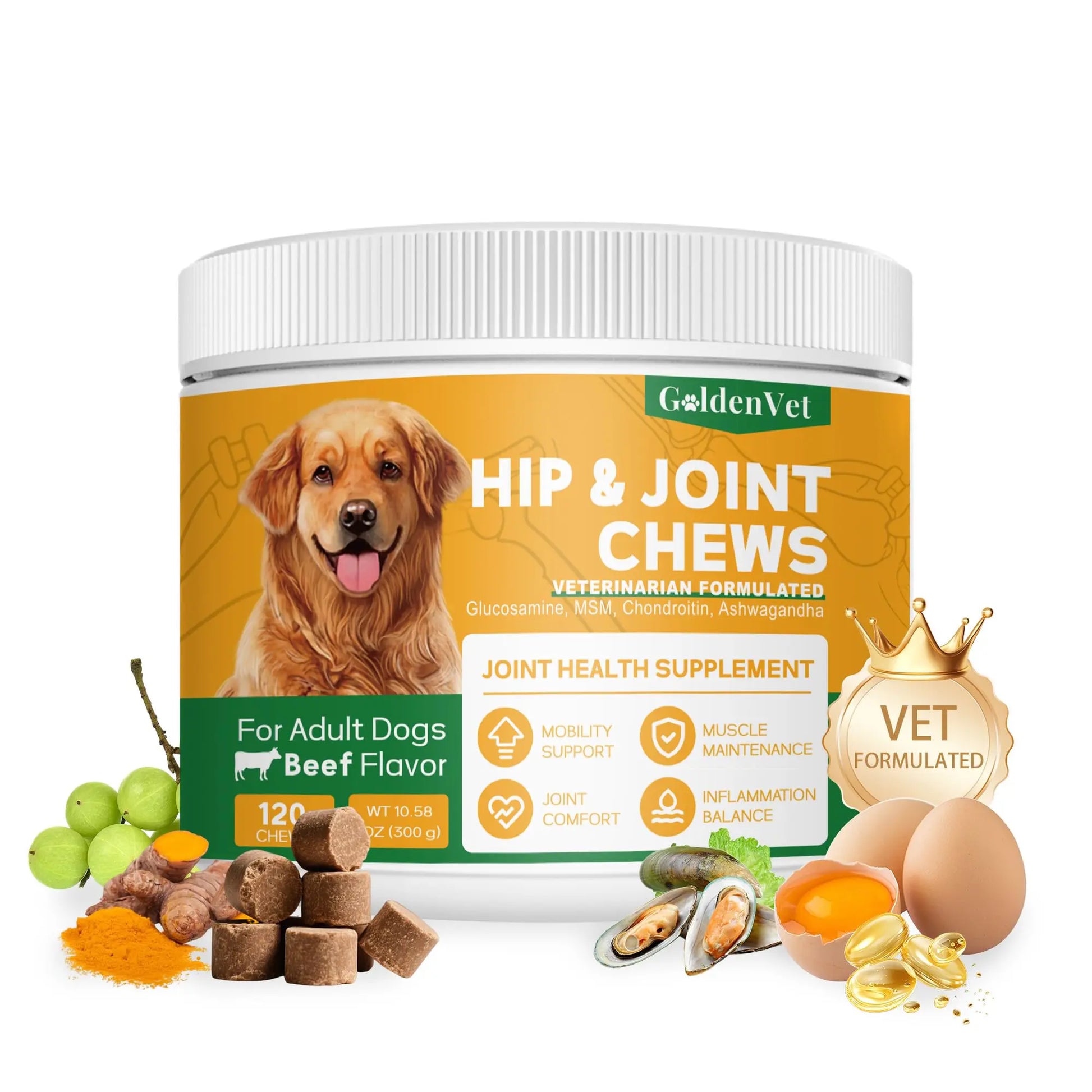 Hip and Joint Chews for Senior Dogs with Glucosamine HCL, Chondroitin, Green-lipped Mussel, Ashwagandha for Anti Inflammatory, Mobility Support, Muscle Maintenance, Joint Comfort 120 Ct GOLDENVET uk supplements