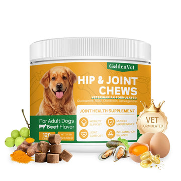 Hip and Joint Chews for Senior Dogs with Glucosamine HCL, Chondroitin, Green-lipped Mussel, Ashwagandha for Anti Inflammatory, Mobility Support, Muscle Maintenance, Joint Comfort 120 Ct GOLDENVET uk supplements