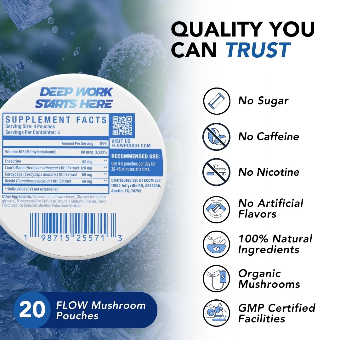 Flow Pouches Mushroom Nootropic Pouches - 600mg Organic Mushroom Energy Ultra Pouches with Lion's Mane, Reishi, Cordyceps for Focus & Clean Energy - Zero Caffeine or Sugar (5 Can Pack, Cool Mint) Flow Pouches uk supplements