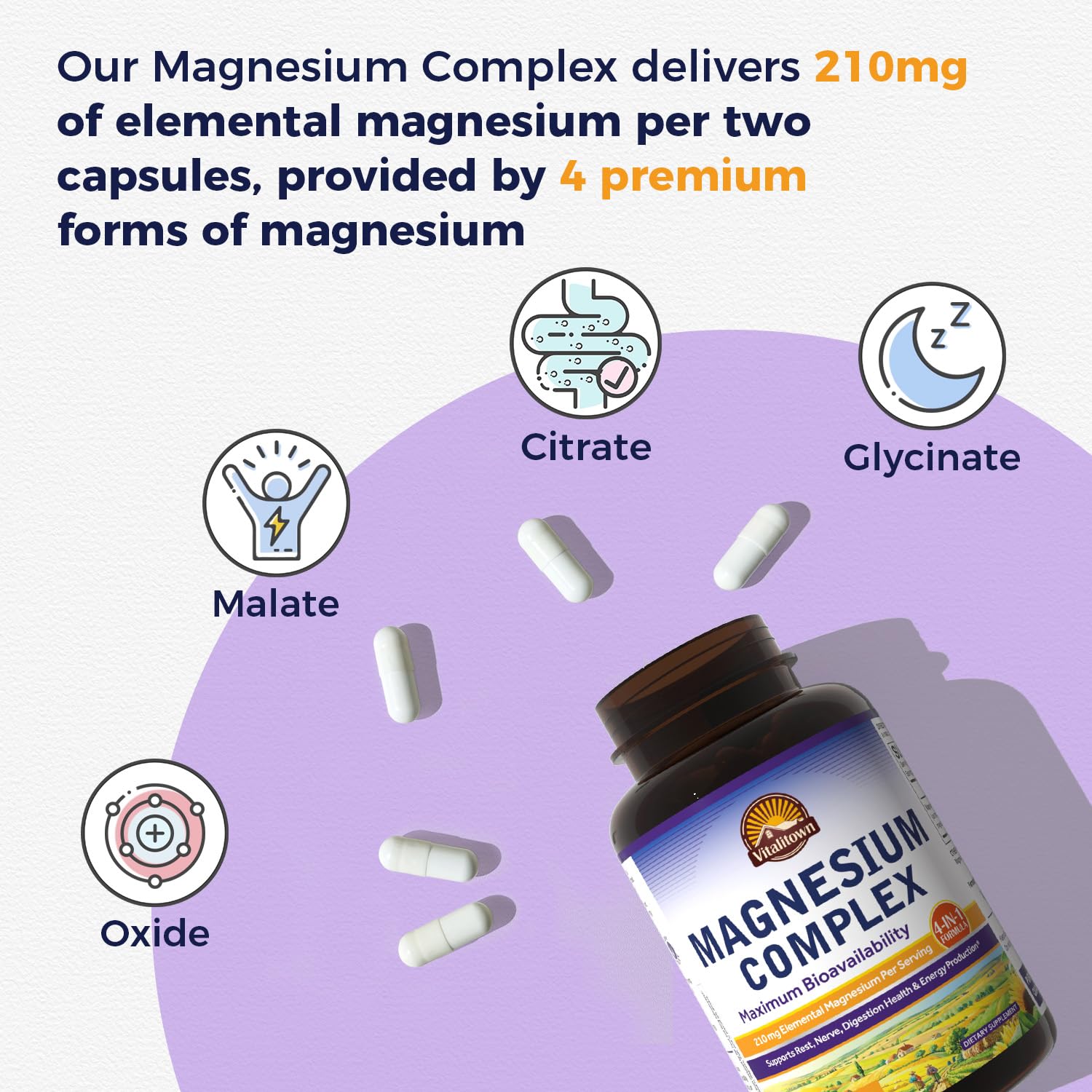 Vitalitown Magnesium Complex | Chelated Easily Absorbed Magnesium Glycinate Citrate Malate | Buffered | 210mg Elemental Mag | Sleep, Nerve, Digestion, Energy | Non-GMO 240 Veg Caps Vitalitown uk supplements