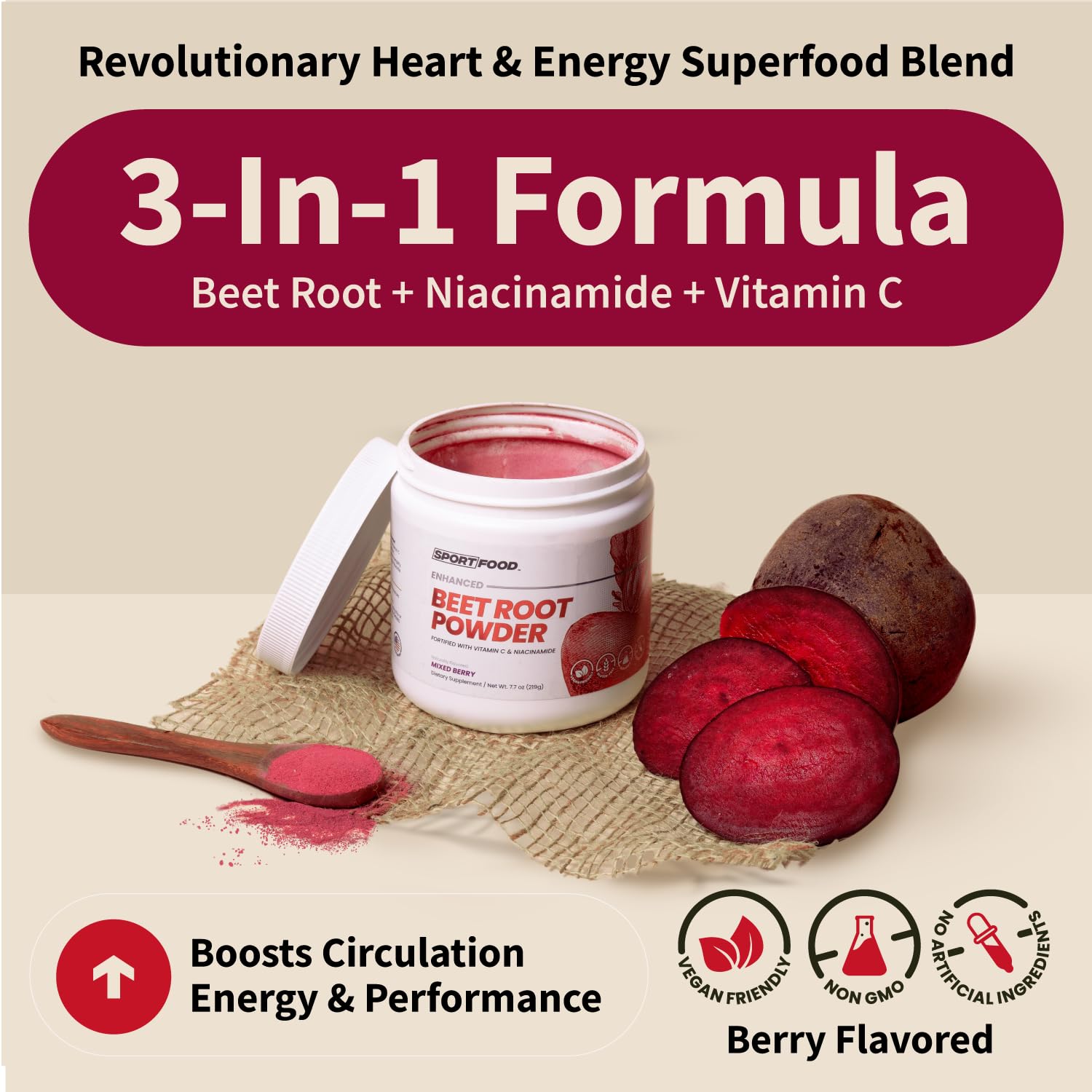 SPORTFOOD Beet Root Powder with Niacinamide & Vitamin C - Superfood for Circulation, Energy, & Stamina | Vegan, Non-GMO, Nitric Oxide Boost for Pre-Workout & Heart Health | Mixed Berry Flavor | 7.7oz Sport Food uk supplements