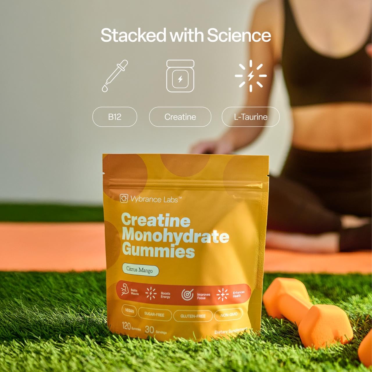 VYBRANCE LABS Creapure Creatine Gummies 5g + Taurine & B12 - Sugar-Free, Vegan, Gluten-Free - Citrus Mango - 120 Count (30 Servings) for Strength, Energy & Focus VYBRANCE LABS uk supplements