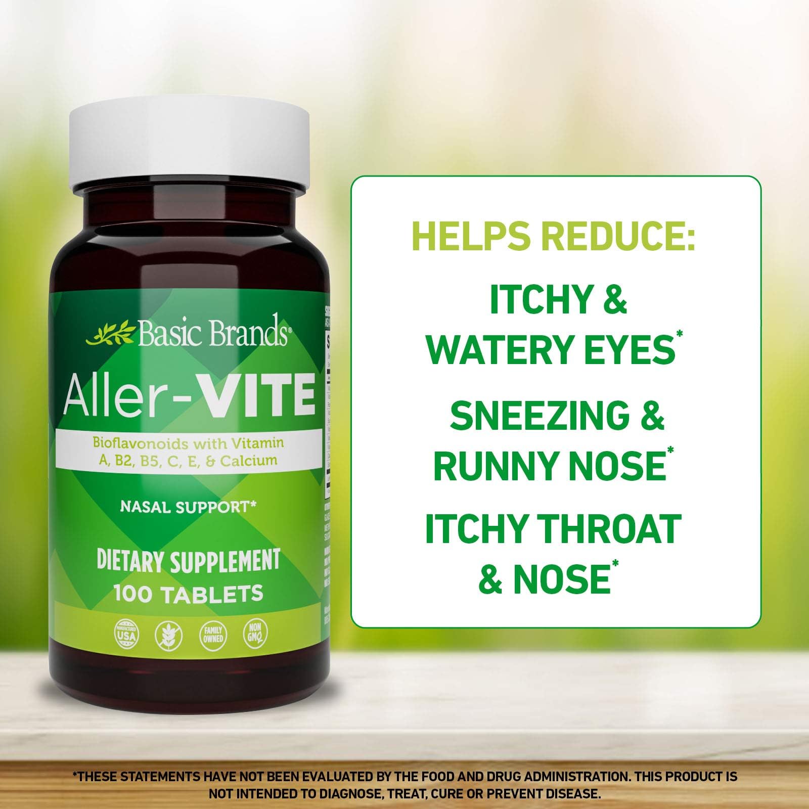 Basic Brands Aller Vite Nasal Support Tablets for Seasonal Allergy Relief, High Bioflavonoid Complex with Vitamins and Calcium, Gluten Free Daily Supplement, 100 Tablets Basic Brands uk supplements