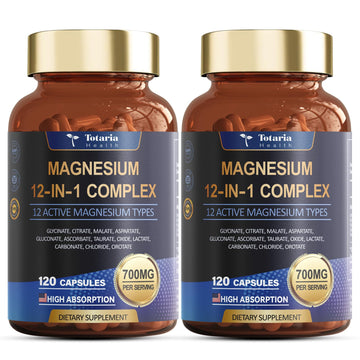 Magnesium Complex 700mg 12 in 1 Magnesium Supplement with Glycinate Citrate Malate Oxide Taurate Aspartate Orotate Magnesium Relaxation,Muscle,Heart Support, Vegan 120 Capsules 2PK Totaria uk supplements