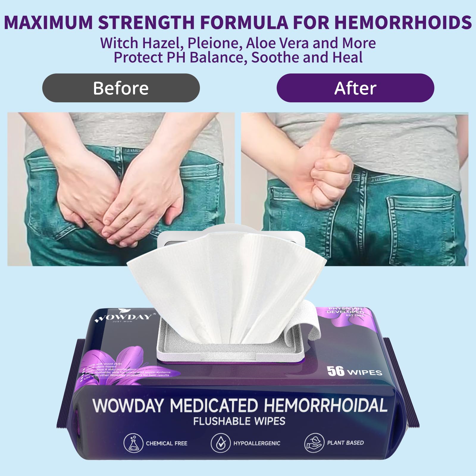 Wowday Flushable Hemorrhoid Wipes | Maximum Strength Witch Hazel Wipes | 56 Count Fragrance Free Adult Hemorrhoids Medicated Witch Hazels Wipe for Butt Hemorrhoidal Itch WowDay uk supplements