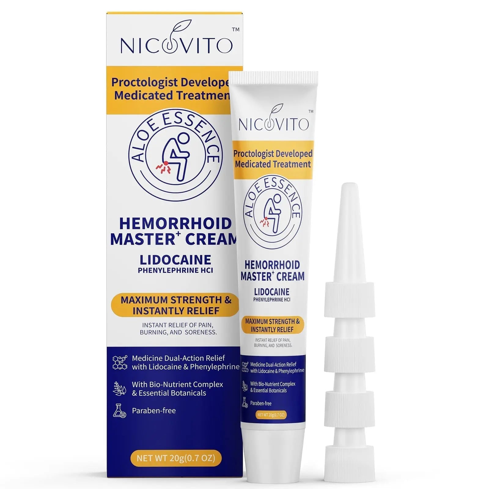NICOVITO Hemorrhoid & Fissure Treatment Cream, 4% Lidocaine & Phenylephrine HCl Ointment, Maximum Strength Fast Relief for Pain, Itching & Swelling, External Use (0.7 oz) NICOVITO uk supplements