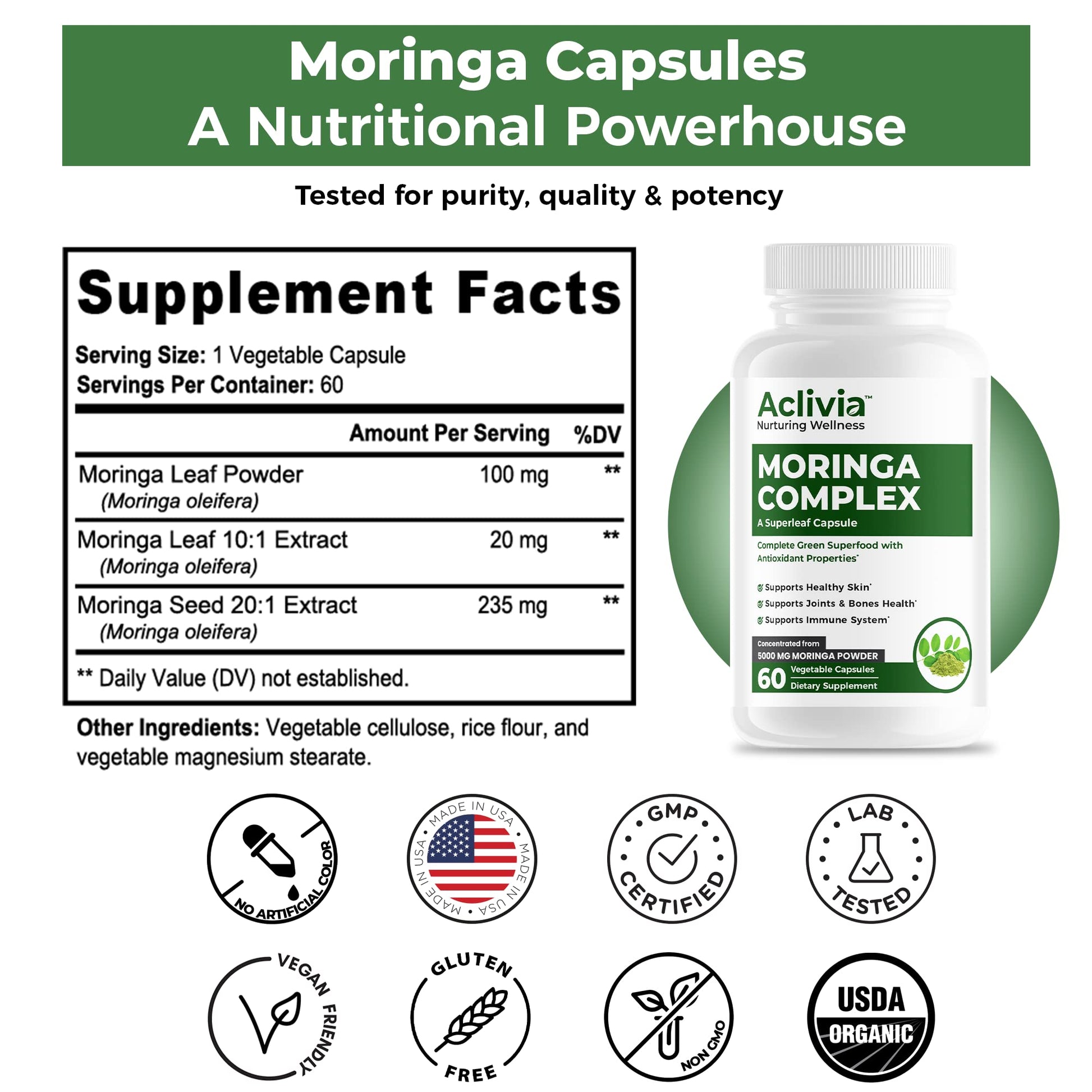 Aclivia - Moringa Complex - Maximum Strength Moringa Oleifera Leaf & Seed Supplement - Superfood Capsules with Antioxidant Properties - 5000mg - 60 Capsules Aclivia uk supplements
