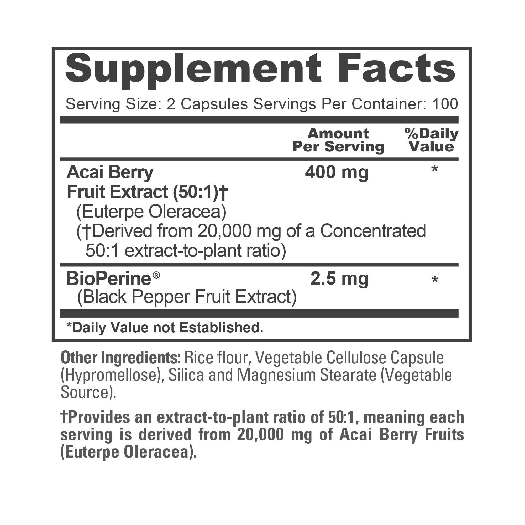 NusaPure Acai Berry 50:1 Extract - Suitable for Vegetarian/Vegan, Non - GMO - 20000 mg - 200 Capsules NusaPure uk supplements