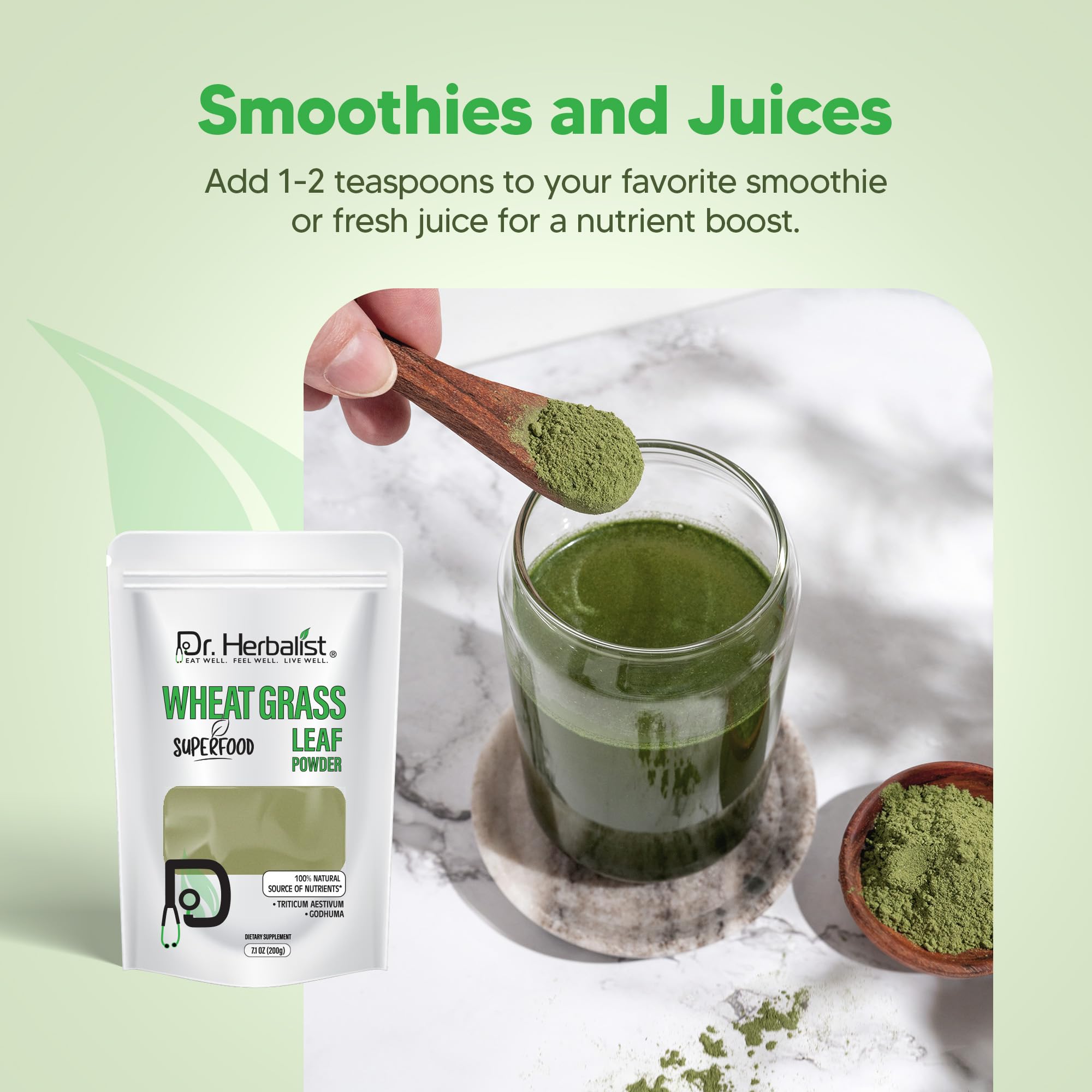 Dr. HERBALIST Wheatgrass Powder 200g - Pure Triticum Aestivum with Chlorophyll Iron & Vitamins A C E | Supports Daily Greens Detox & Nutrient Density* | Halal Dr. HERBALIST uk supplements