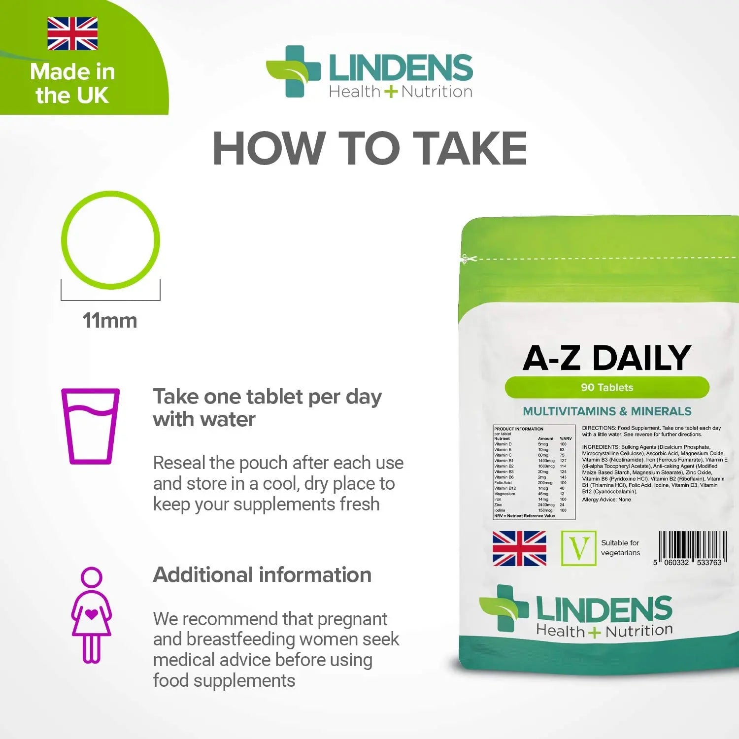 Multivitamin A-Z Daily Tablets 90 Tablets by Lindens Lindens uk supplements