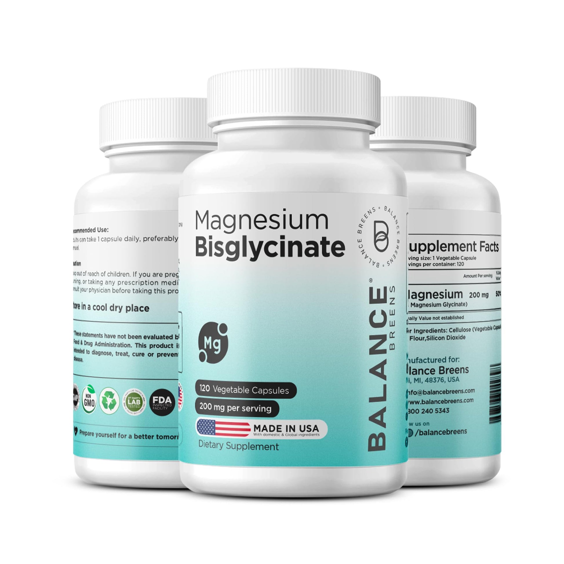 Magnesium Bisglycinate 200mg - High Absorption Chelated Magnesium Supplement - Gentle on Stomach, Non-GMO, Gluten-Free, Supports Sleep, Muscle Cramps & Positive Mood - 120 Vegan Capsules Balancebreens uk supplements