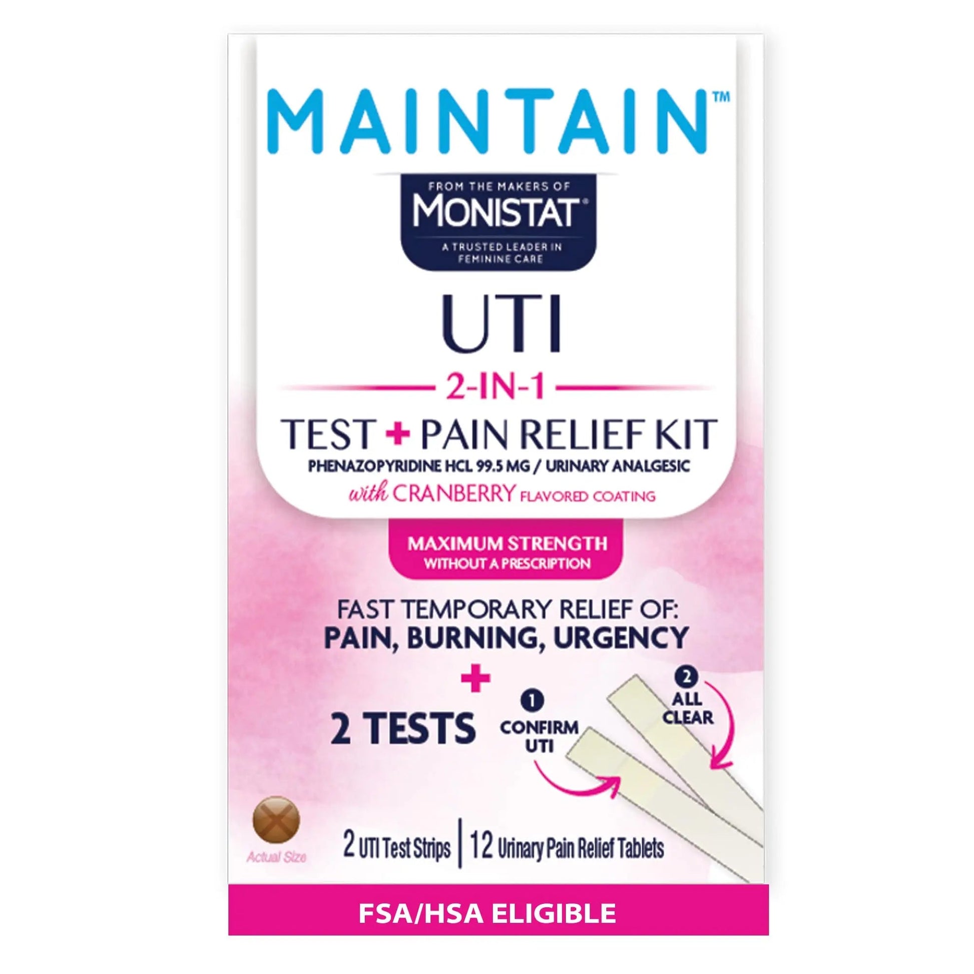 Monistat Maintain UTI 2-in-1 Test & Pain Relief Kit, 2 Test Strips & 12 Urinary Pain Relief Tablets, 2 Minute Results and Maximum Strength Pain, Burning and Urgency Relief Monistat uk supplements