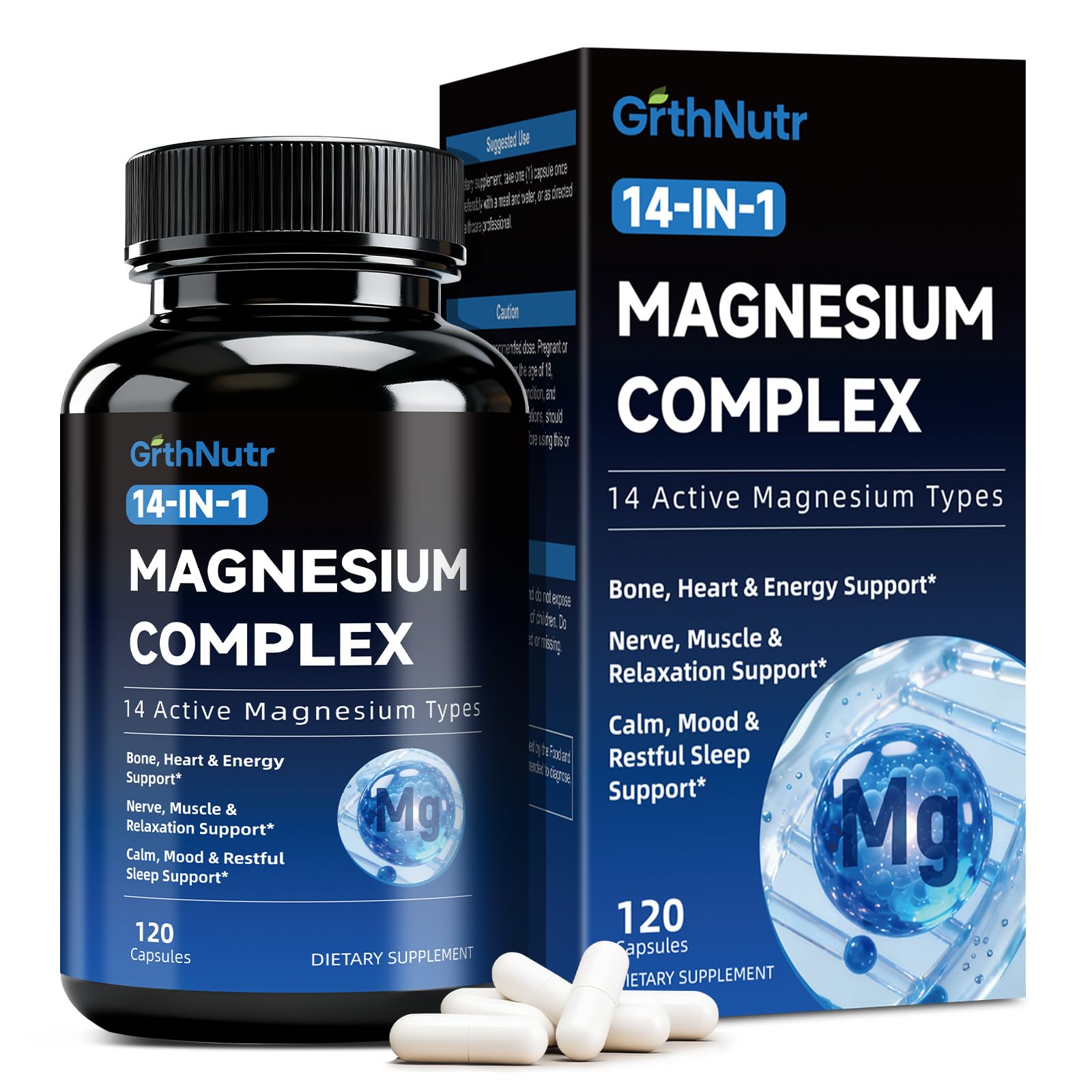 14-in-1 Magnesium Complex Supplement, 1200mg Elemental Magnesium Glycinate, Citrate, Malate, Taurate - Magnesium Complex for Women Nerves, Bone & Heart Health | Non-GMO GrthNutr uk supplements