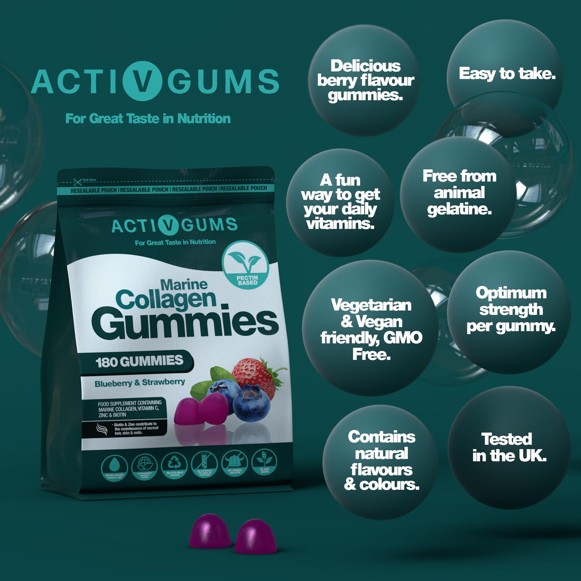 Marine Collagen Complex 180 Gummies. Strawberry & Blueberry Flavour. Resealable & Recyclable Pouch. Contains Marine Collagen, Vitamin C Activ Gums uk supplements