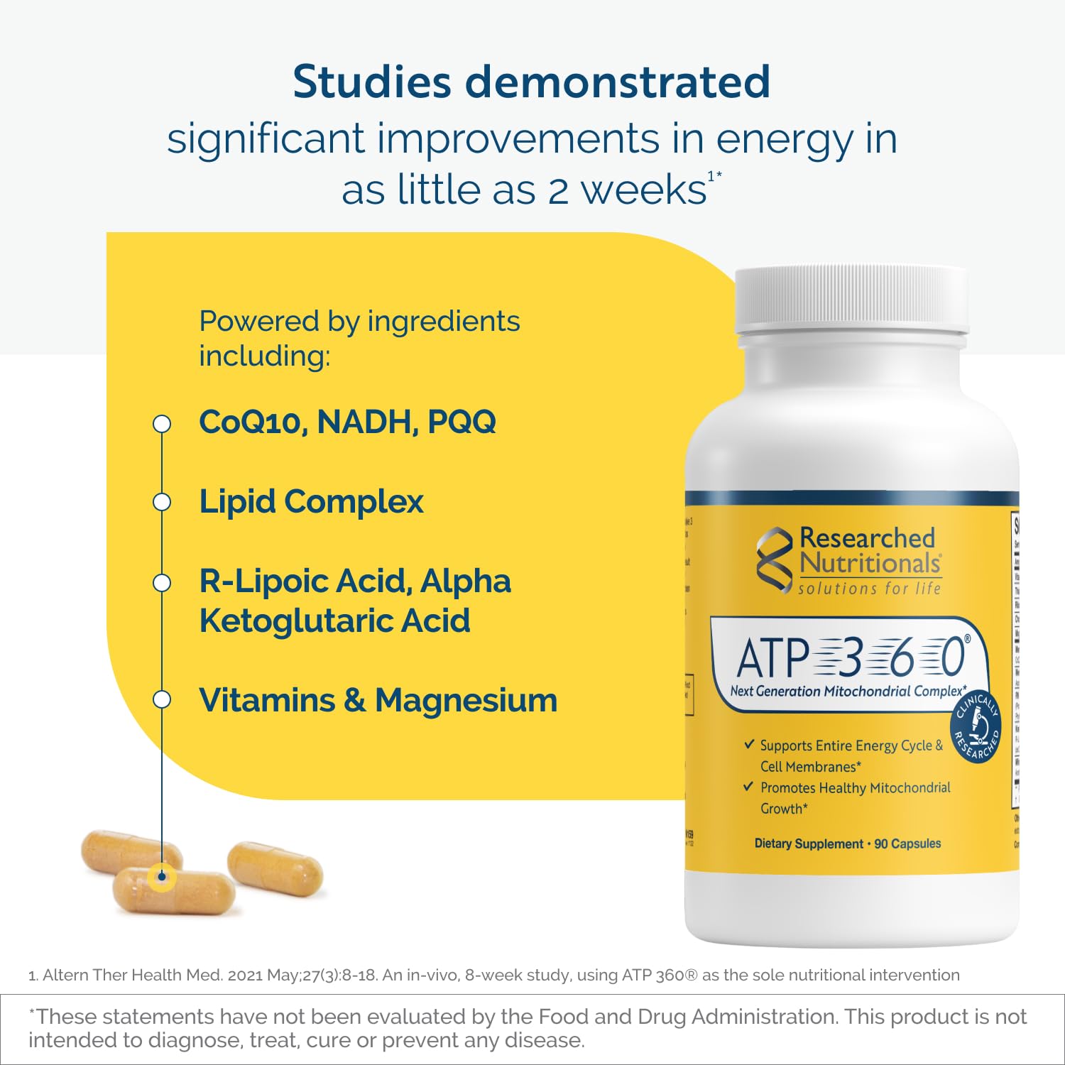 Researched Nutritionals ATP 360 - Mitochondrial Supplements to Support Entire Energy Cycle & Cell Membranes - Clinically Researched ATP Supplements, High Dose CoQ10, R-Lipoic Acid & PQQ, 90 Capsules Researched Nutritionals uk supplements