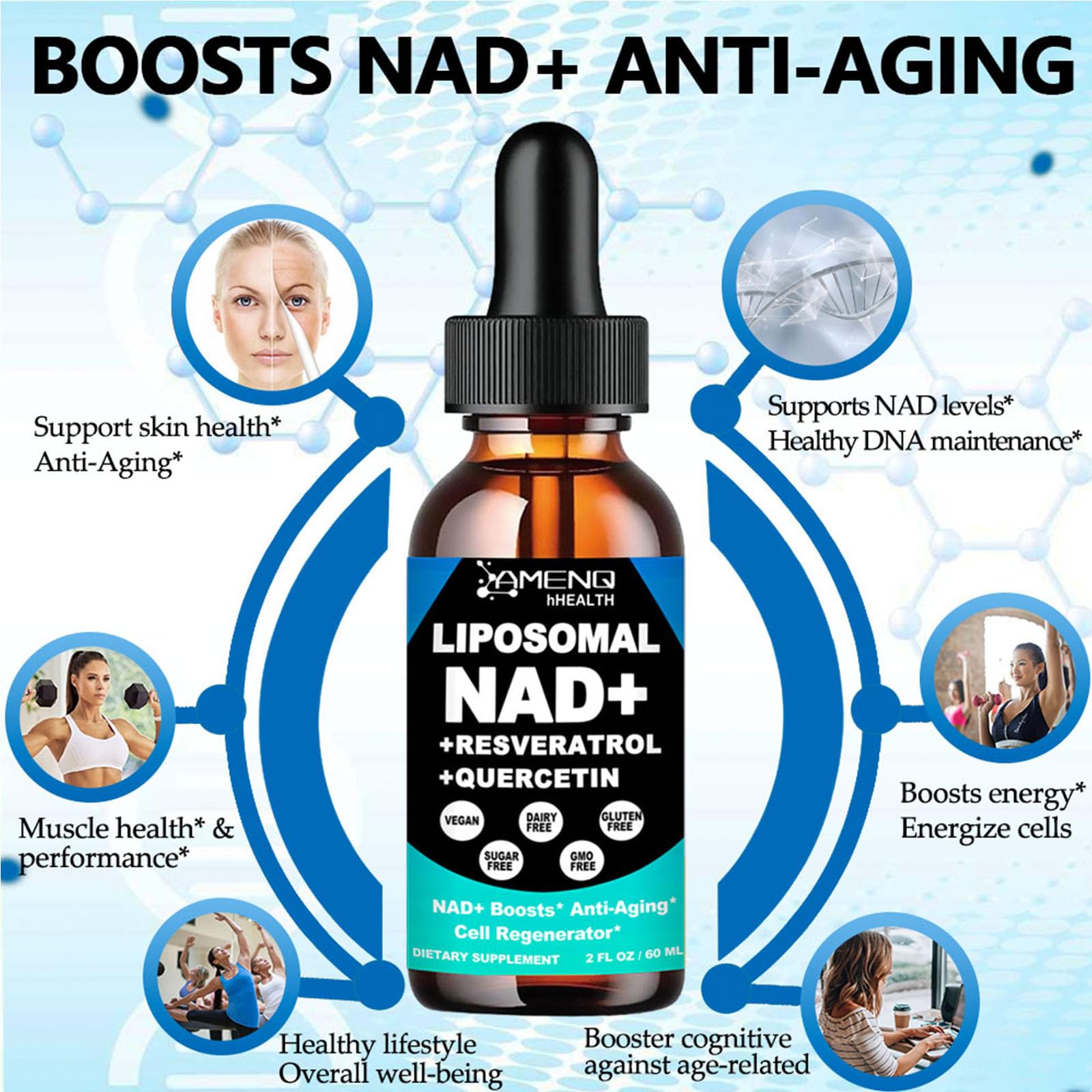 NAD Supplement, Liposomal NAD Nicotinamide Riboside Resveratrol 900mg Quercetion, TMG, Vitamin B3, High Potency NAD Plus Liquid Supplement for Cell Regenerator, Longevity, Energy, Anti-Aging, Focus AMENQ hHEALTH uk supplements