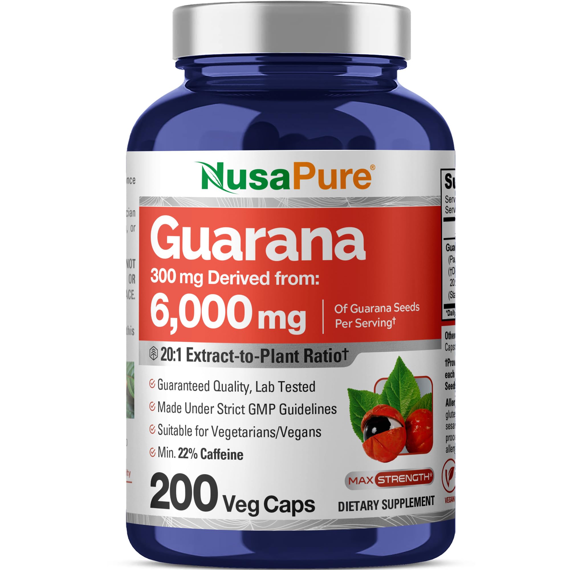 NusaPure Guarana Extract 20:1 Extract, 300 mg Equivalent to 6,000 mg per Veggie Caps 200 Count (Non-GMO, Vegan) NusaPure uk supplements