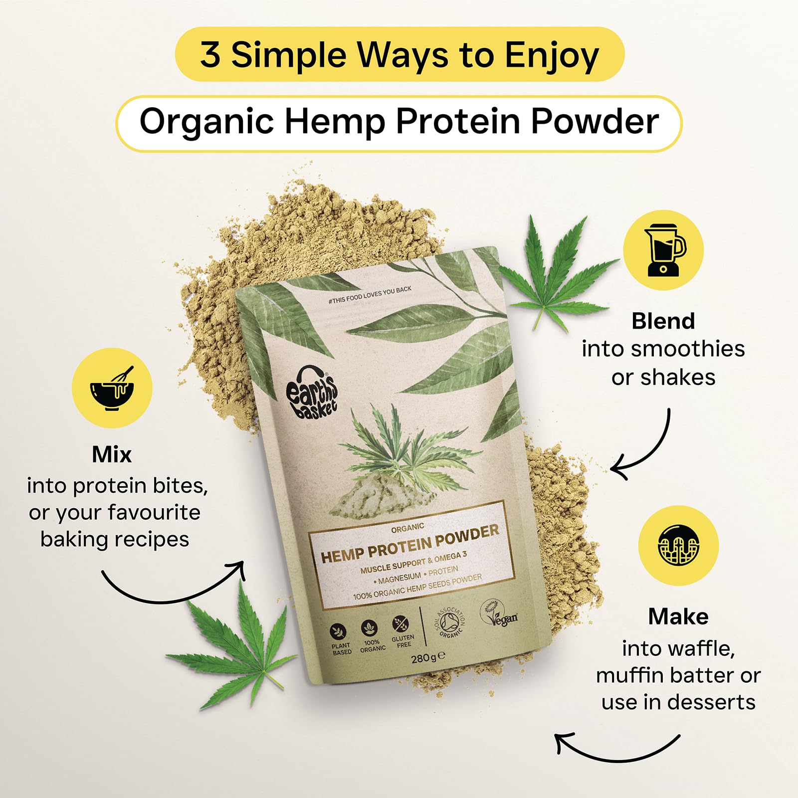 Earths Basket Organic Hemp Protein Powder,280g Natural, Unflavoured, Vegan, Gluten Free EARTHS BASKET uk supplements