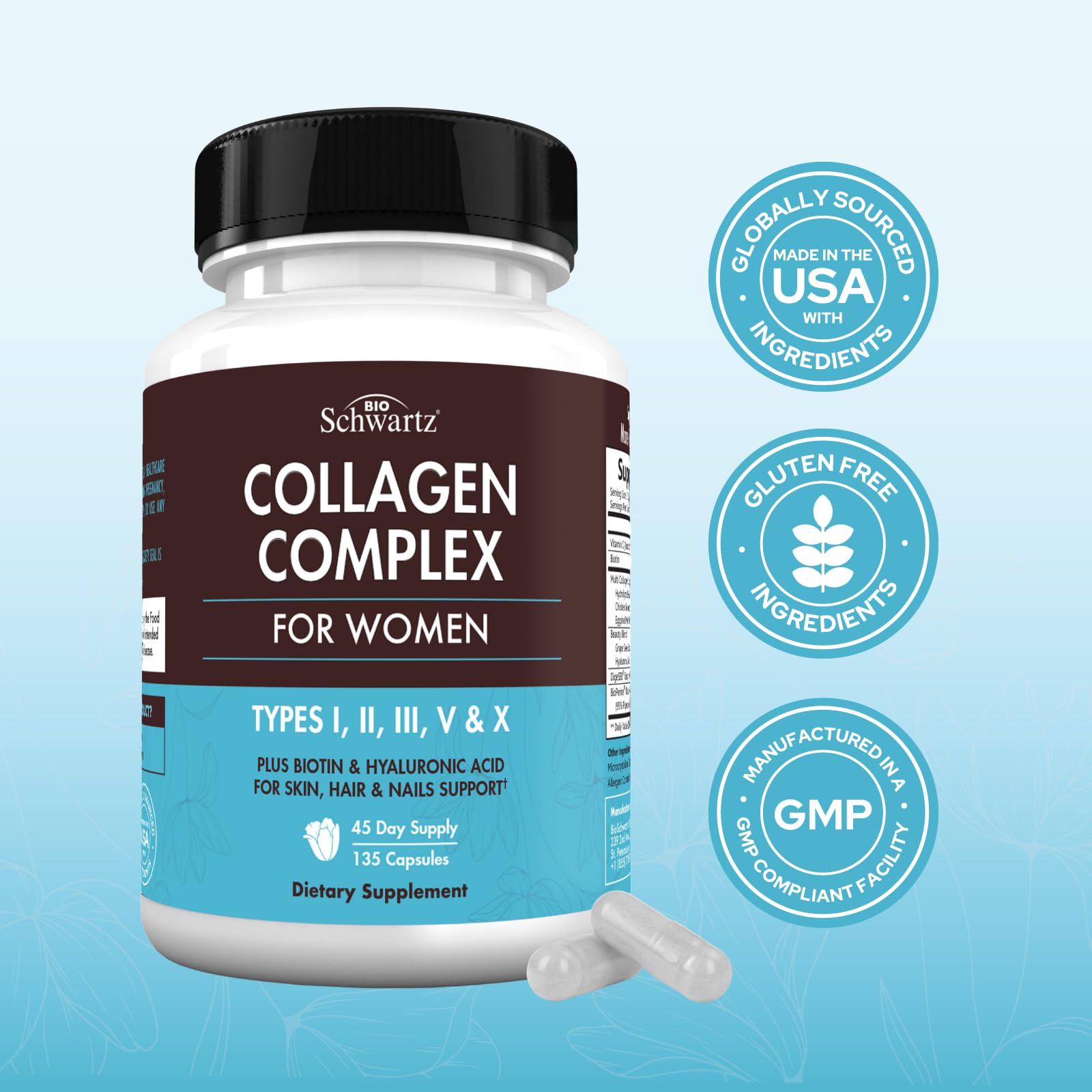 Multi Collagen Pills for Women (Types I II III V X) with Vitamin C Hyaluronic Acid Biotin BioSchwartz uk supplements
