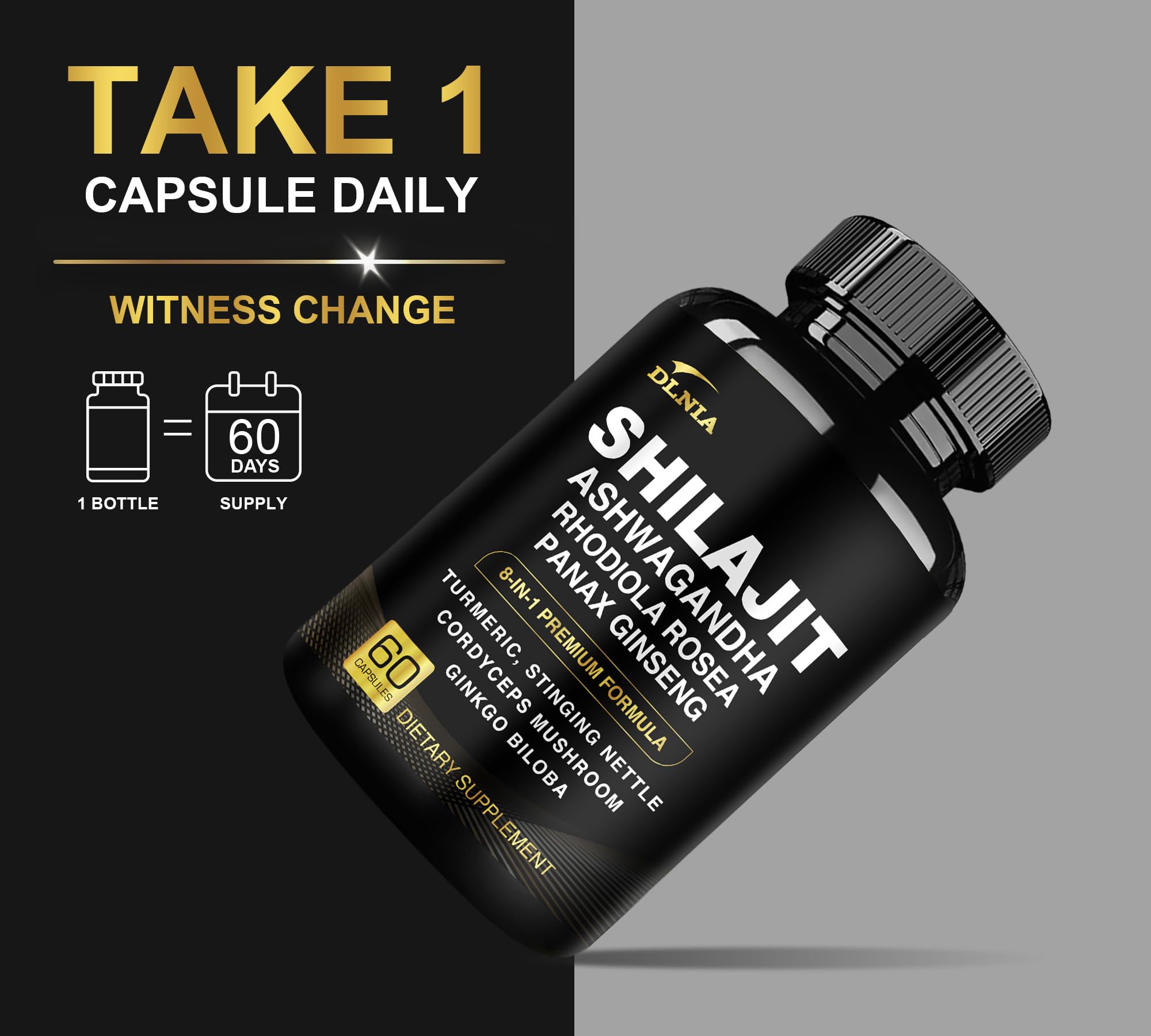DLNIA 8-in-1 Shilajit for Men & Women with Ashwaganda Himalayan Organic Supplement with Rhodiola Rosea, Ginseng, Turmeric, Mushroom, for Immune Support, Energy, Calm, Focus, Clarity, Sleep, Cortisol DLNIA uk supplements