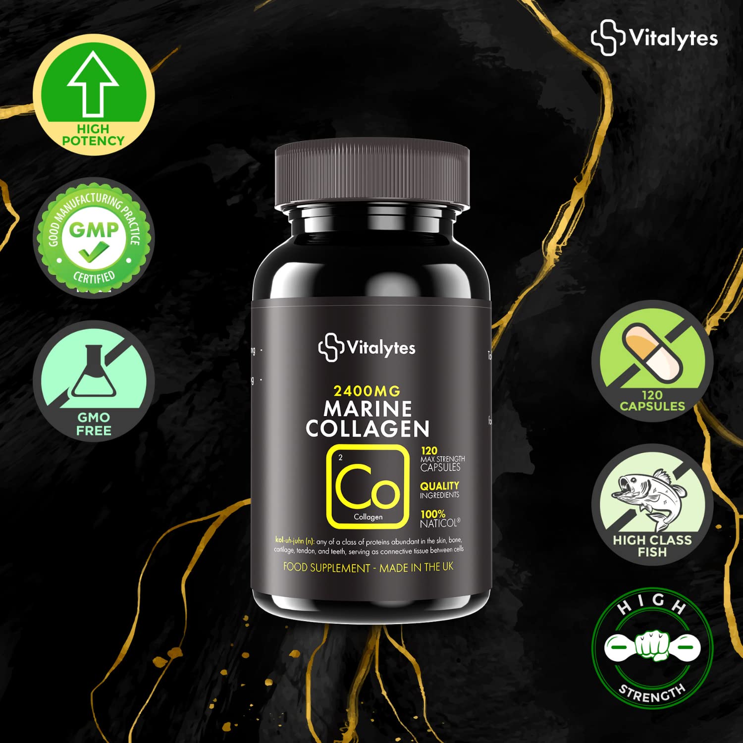 Vitalytes Marine Collagen Supplement 2400mg | 120 Marine Collagen Capsules Made in The UK Vitalytes uk supplements