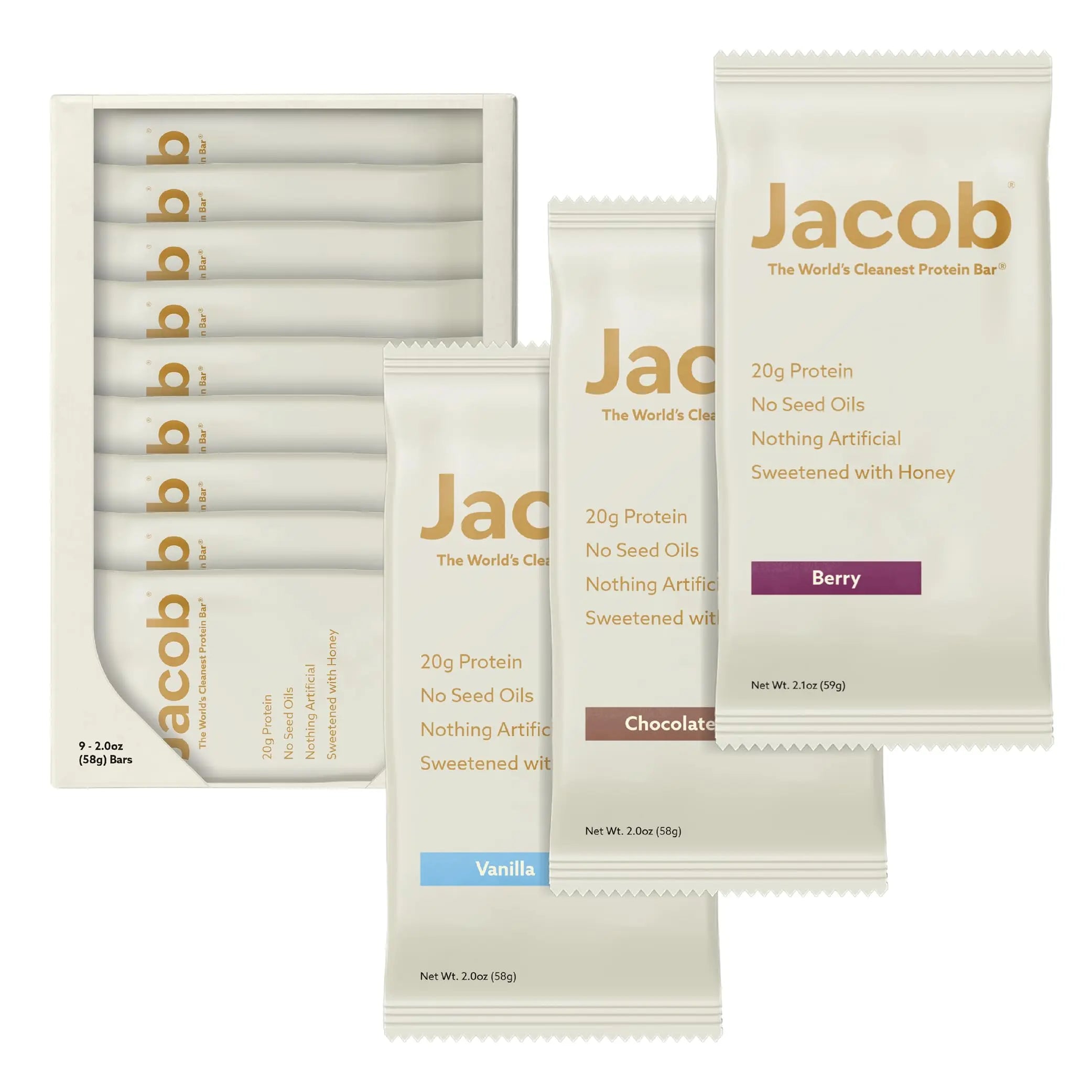 Jacob Bar, Protein Bars, Variety Pack (9 Bars Total) Contains 3 of Each; Chocolate, Vanilla, Berry - 20g Grass-Fed Protein, No Seed Oils, Nothing Artificial Jacob uk supplements
