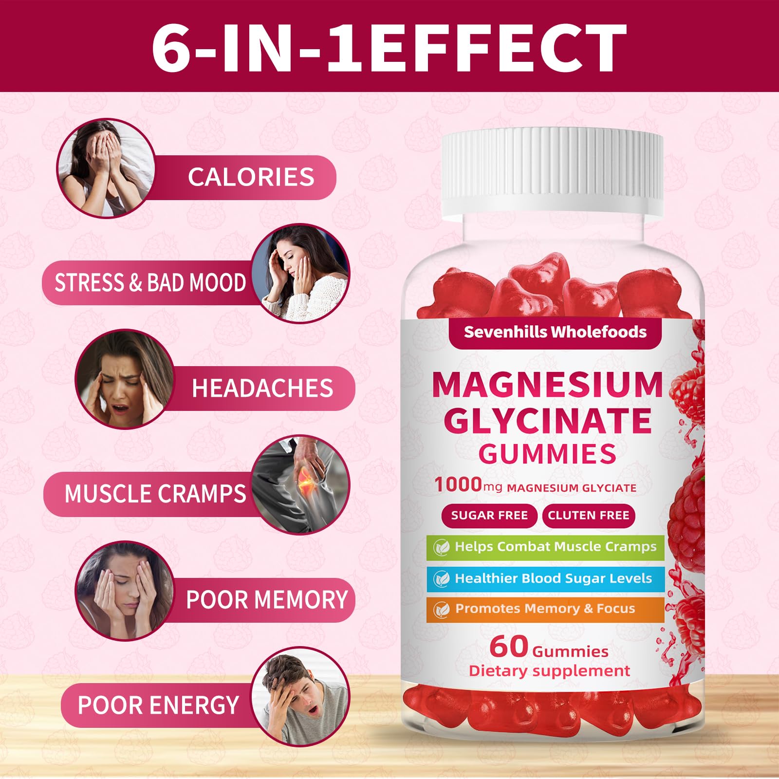 Magnesium Glycinate Gummies 1000mg - Sugar Free Magnesium Potassium Supplement for Relaxation, Calm, Stress Relief, and Sleep Support for Adults & Kids - 60 Raspberry Gummies Sevenhills Wholefoods uk supplements
